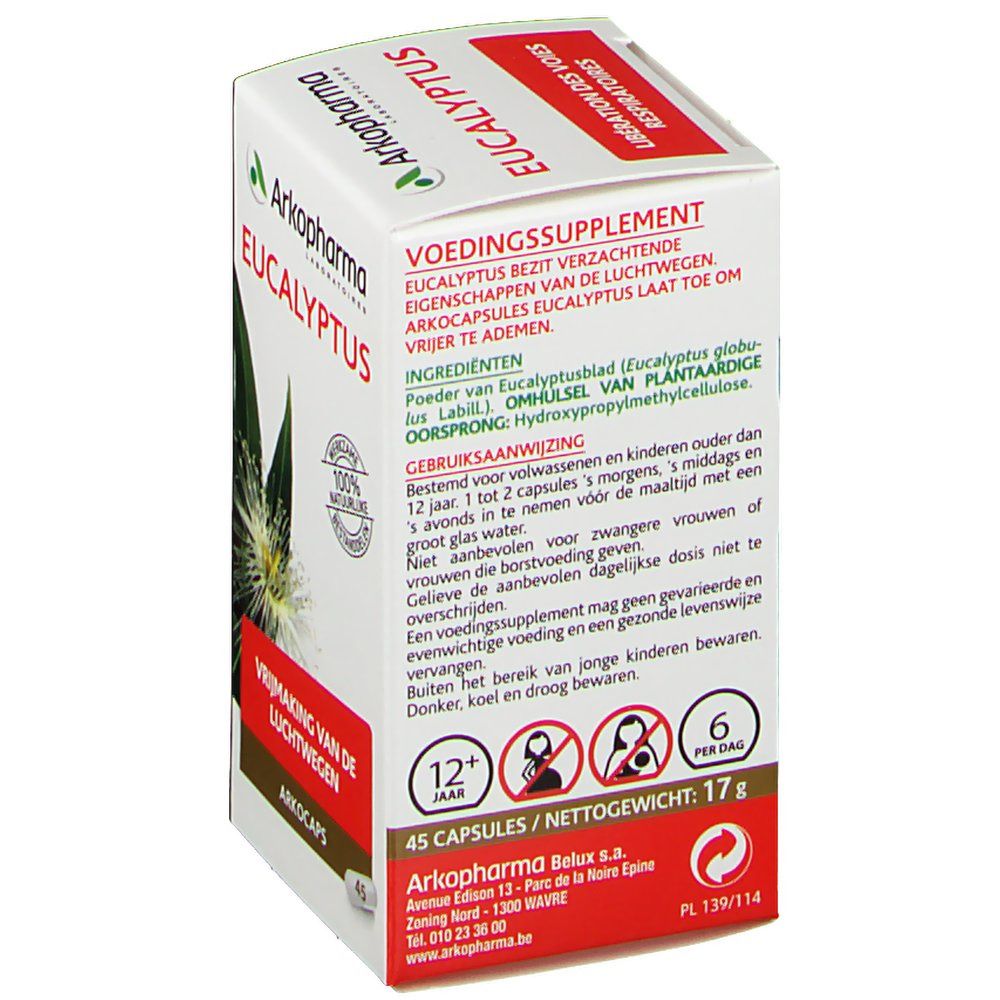 Retro della confezione. Ingredienti, istruzioni per l'uso. 45 capsule. Arkopharma Eucalyptus.