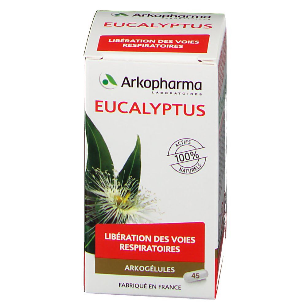 Confezione di Arkopharma Eucalyptus. Scritta "Liberazione delle vie respiratorie". 45 capsule. Logo e dettagli.