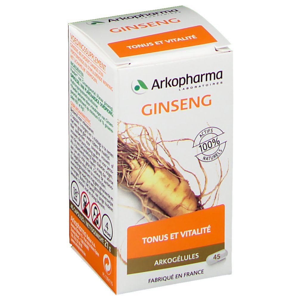 Scatola bianca con immagine di ginseng e testo. Scritto: Arkopharma Ginseng, Tonus et Vitalité. 45 capsule.