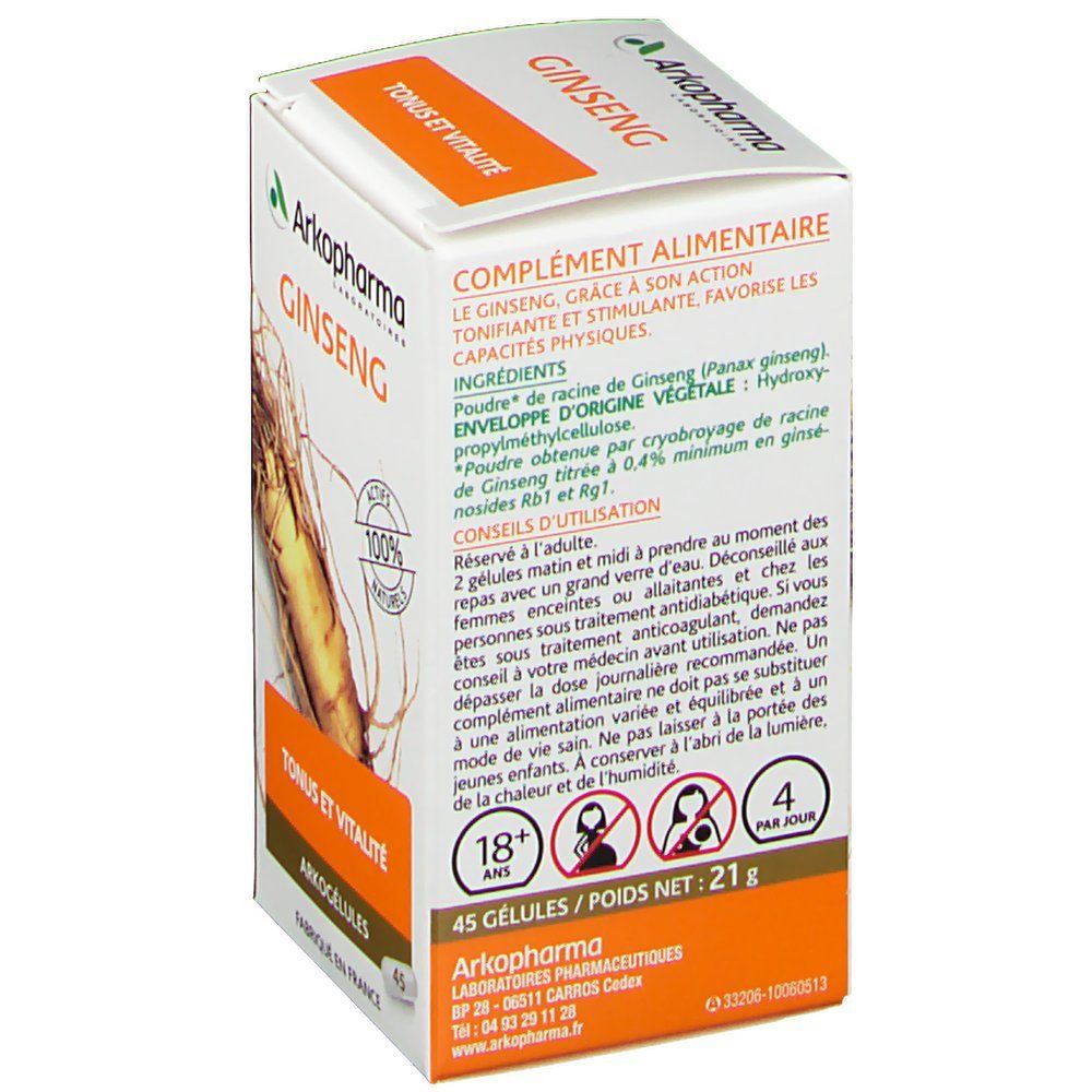 Retro della confezione di ginseng. Testo: Arkopharma Ginseng, Tonus et Vitalité. Contiene 45 capsule. 4 al giorno. Per adulti.