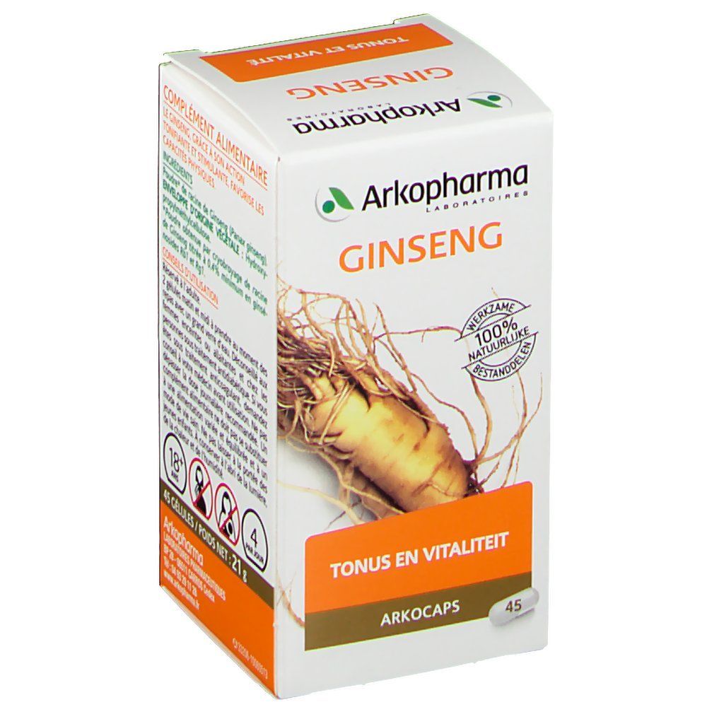 Scatola bianca con immagine di ginseng e testo. Scritto: Arkopharma Ginseng, Tonus en Vitaliteit. 45 Arkocaps.