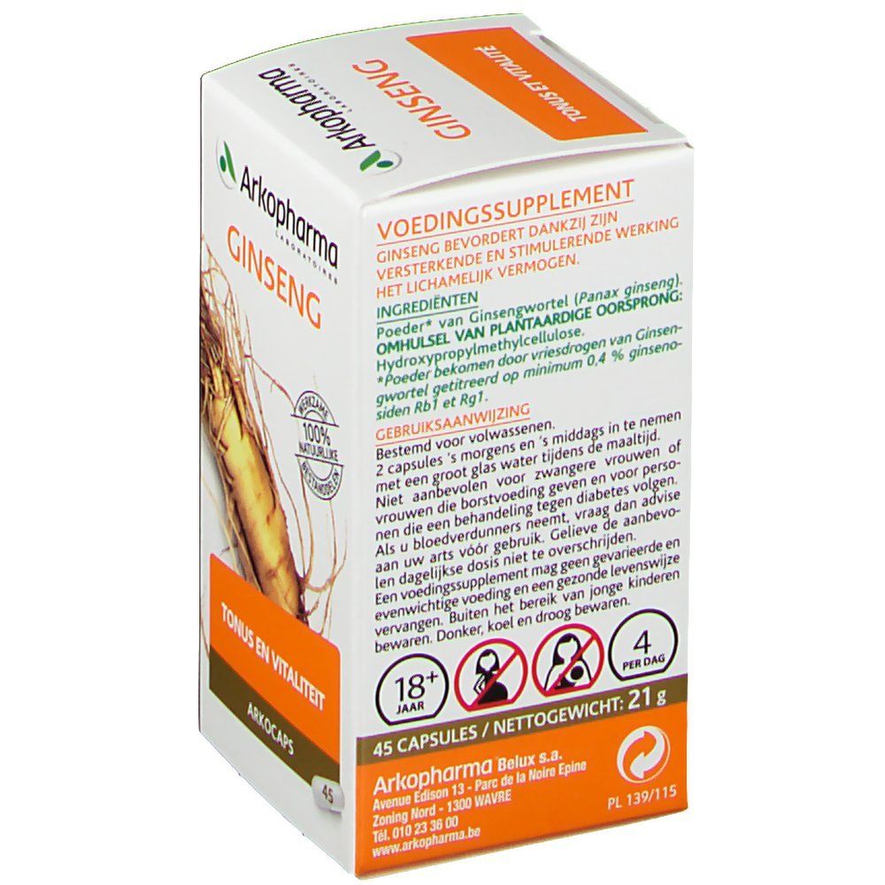 Retro della confezione di ginseng. Testo: Arkopharma Ginseng, Tonus en Vitaliteit. Contiene 45 capsule. 4 al giorno. Per adulti.