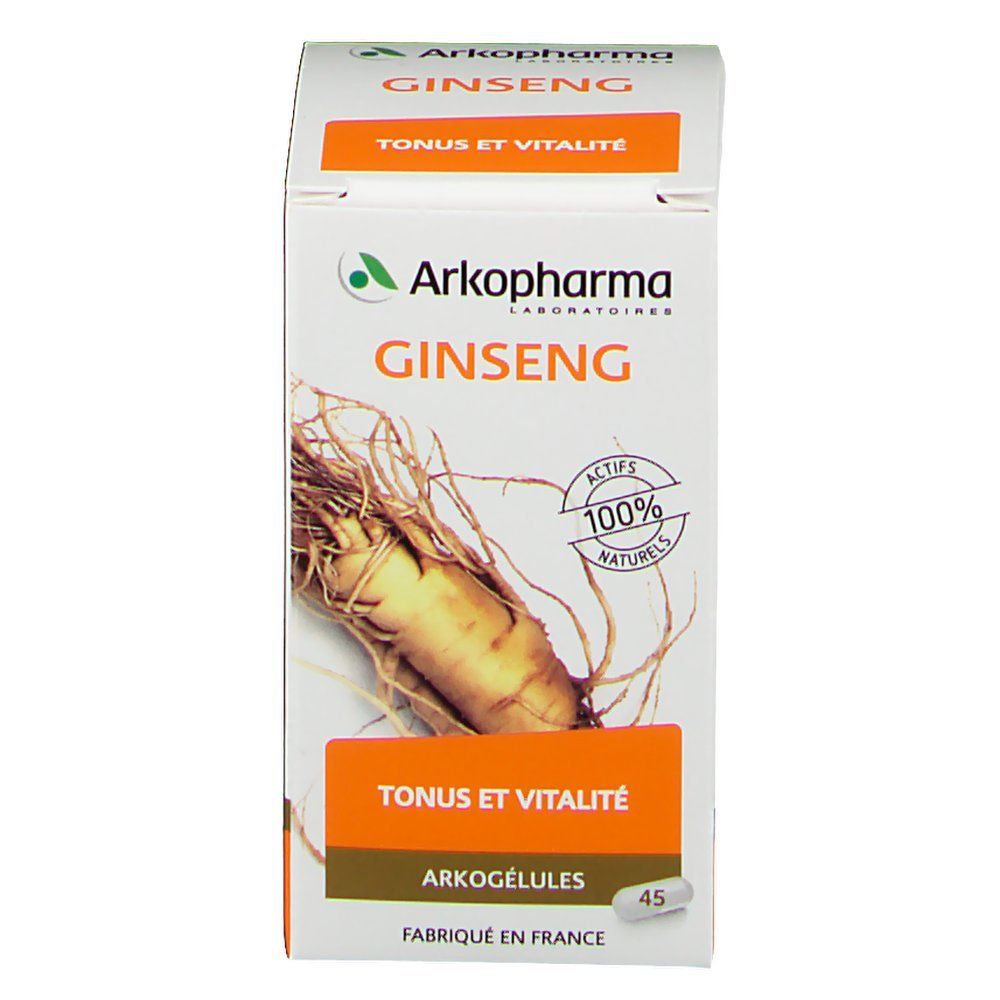 Scatola bianca con immagine di ginseng e testo. Scritto: Arkopharma Ginseng, Tonus et Vitalité. 45 Arkogélules.