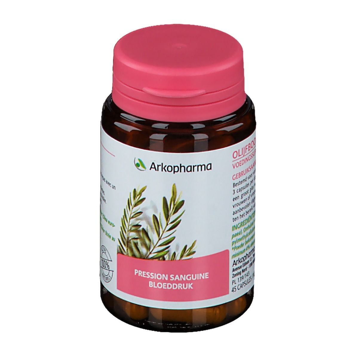 Flacone marrone con tappo rosa. Etichetta con logo Arkopharma e illustrazione di ramo d'ulivo. Testo: Pression Sanguine, Bloeddruk.