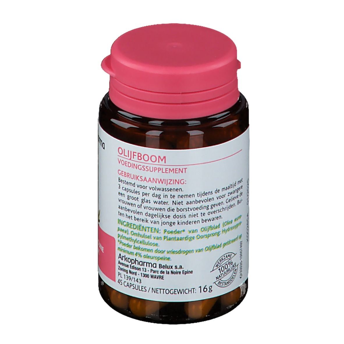 Flacone marrone con tappo rosa. Etichetta con testo e ingredienti. 45 capsule. Certificazione 100% naturale.