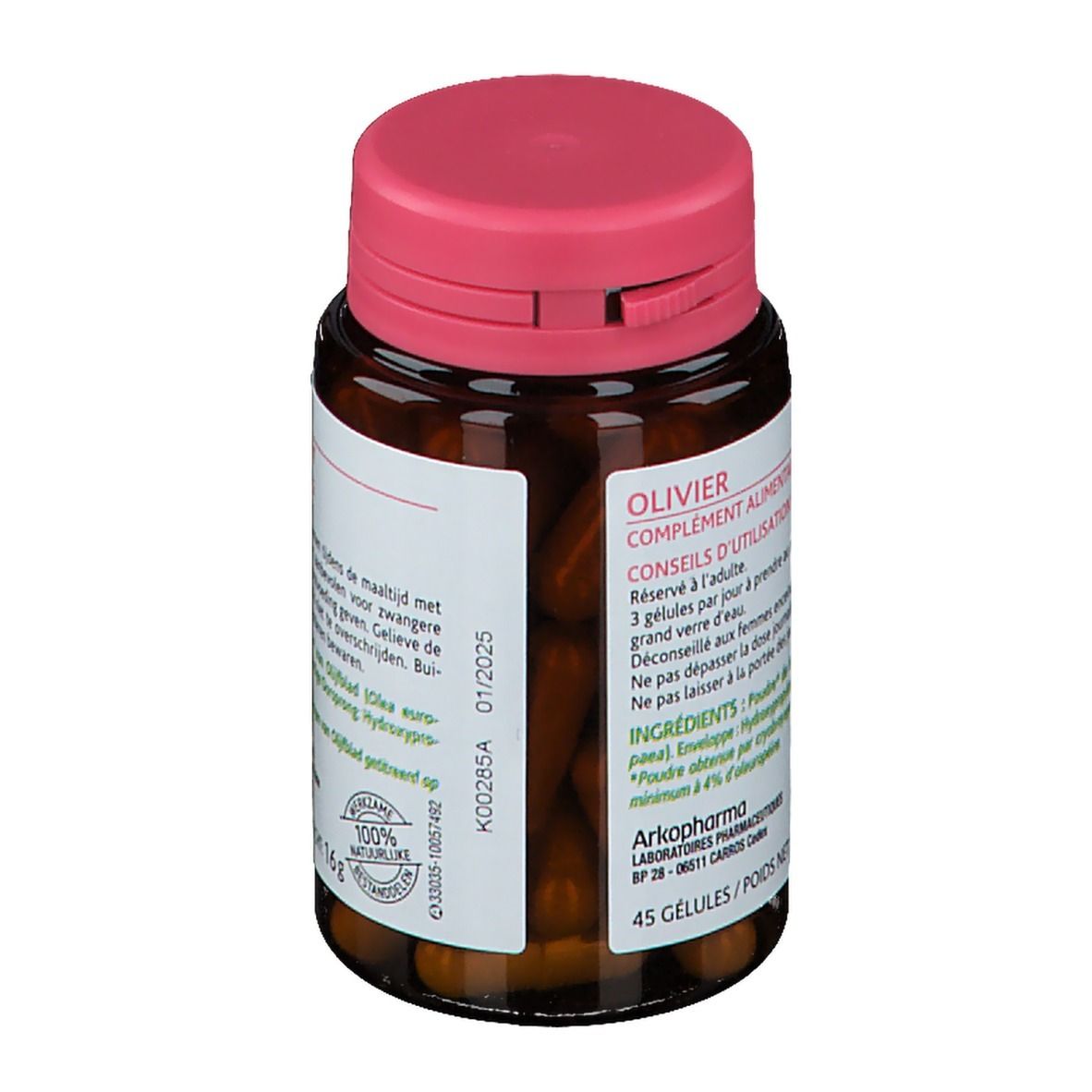 Flacone marrone con tappo rosa. Etichetta con testo e data di scadenza. 45 capsule. Certificazione 100% naturale.
