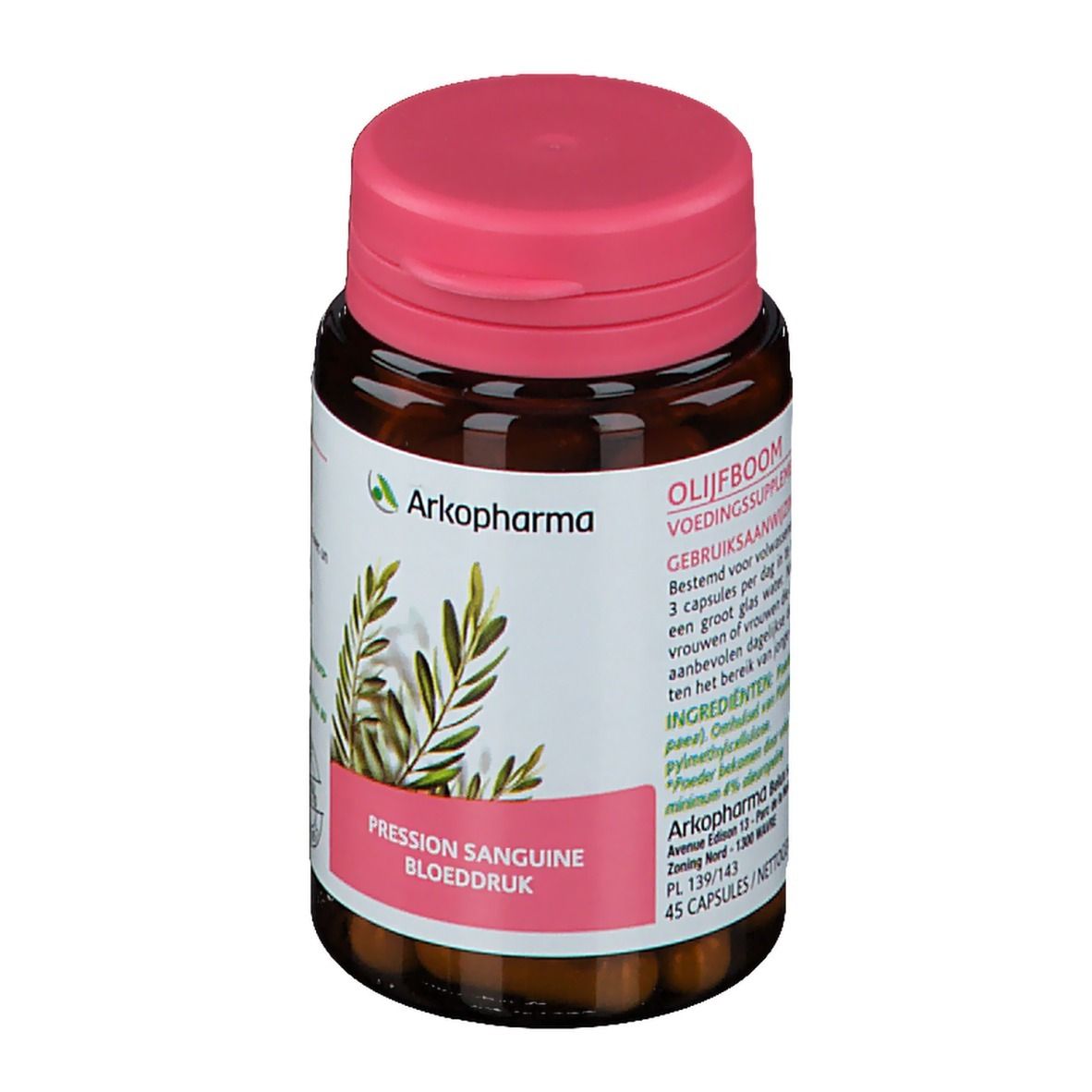 Flacone marrone con tappo rosa. Etichetta con testo e ingredienti. 45 capsule. Certificazione 100% naturale.