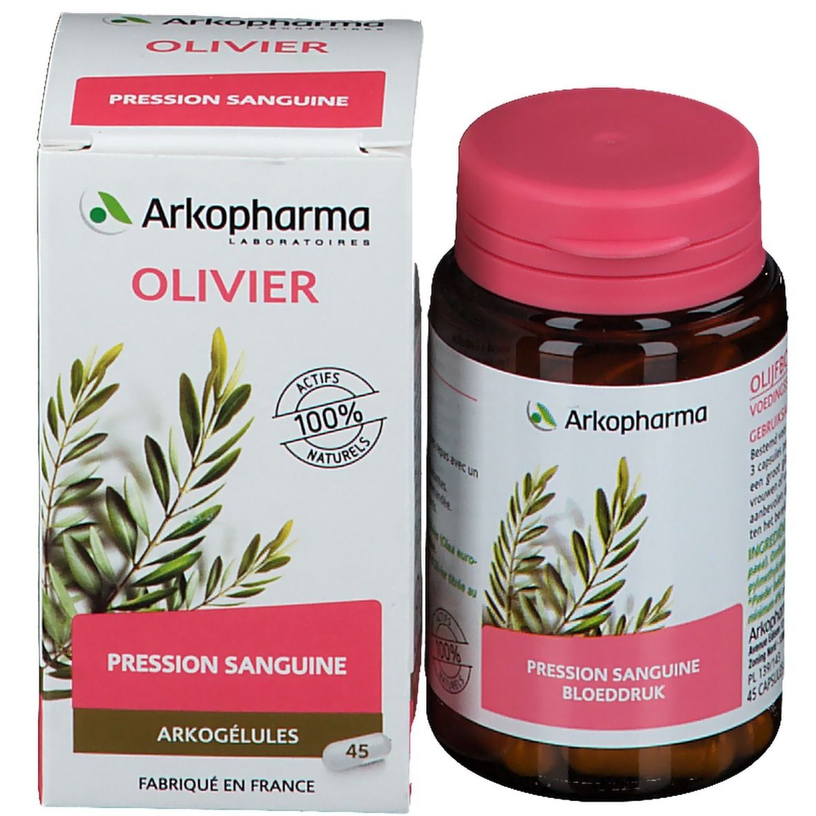 Confezione del prodotto con flacone e scatola. Flacone con tappo rosa, scatola con testo e logo. 45 capsule.