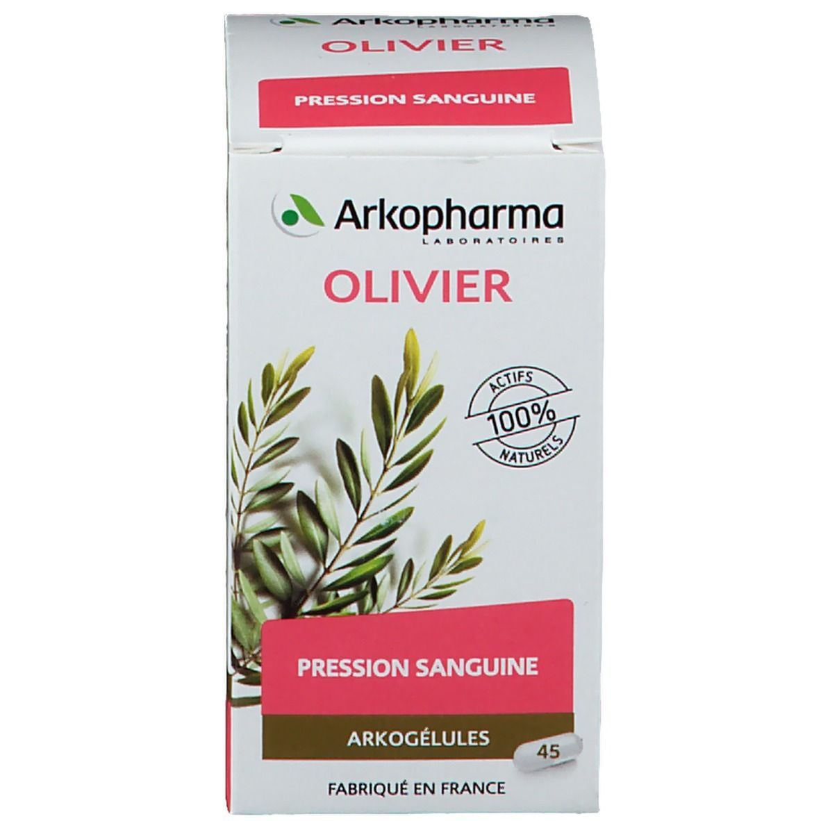 Confezione del prodotto, scatola con testo e logo. Testo: OLIVIER, Pression Sanguine, Arkogélules. 45 capsule. 100% naturale.
