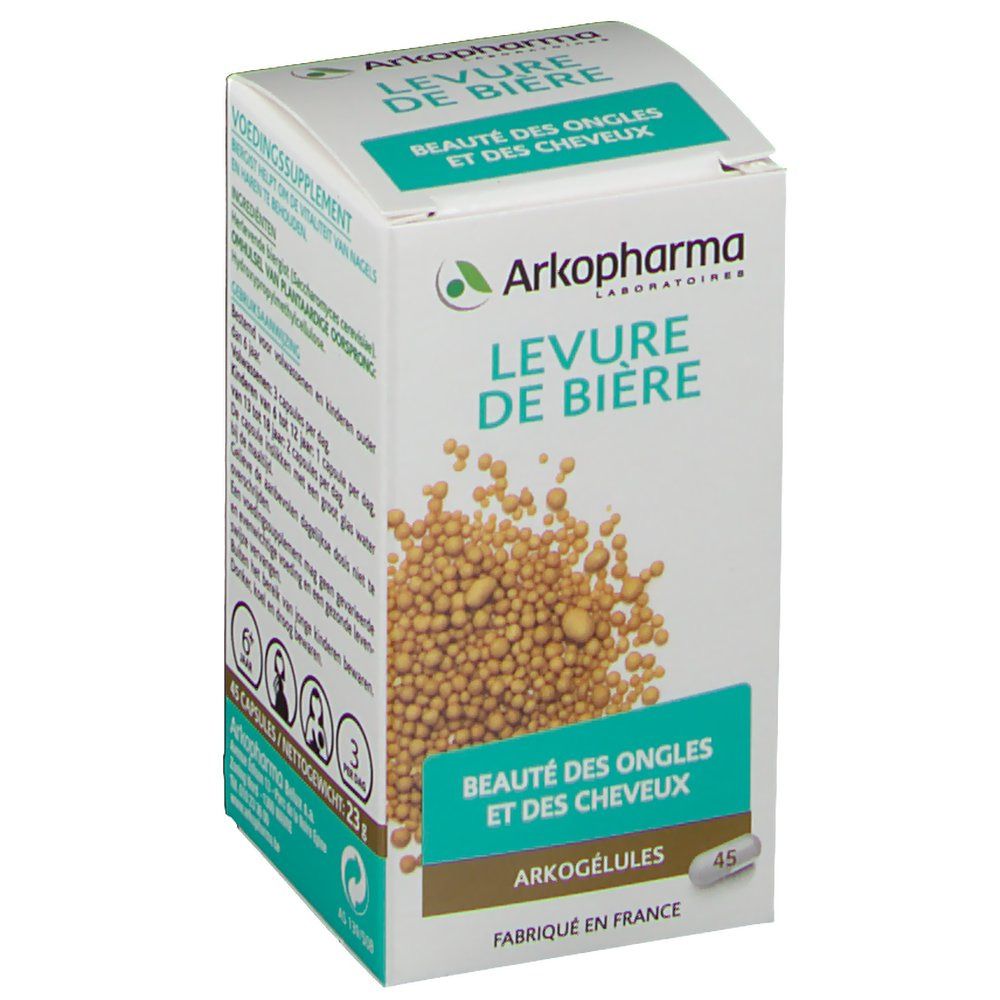 Confezione di Arkogelules Levure de Biere. Scritta: Levure de Biere, Beauté des Ongles et des Cheveux. Contiene 45 capsule.
