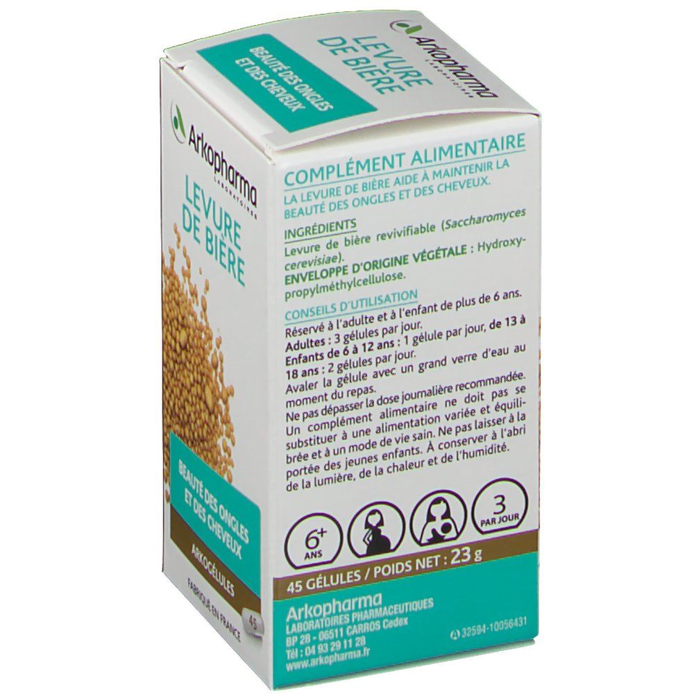 Retro della confezione di Arkogelules Levure de Biere. Informazioni sugli ingredienti e l'uso. 45 capsule, 23g.