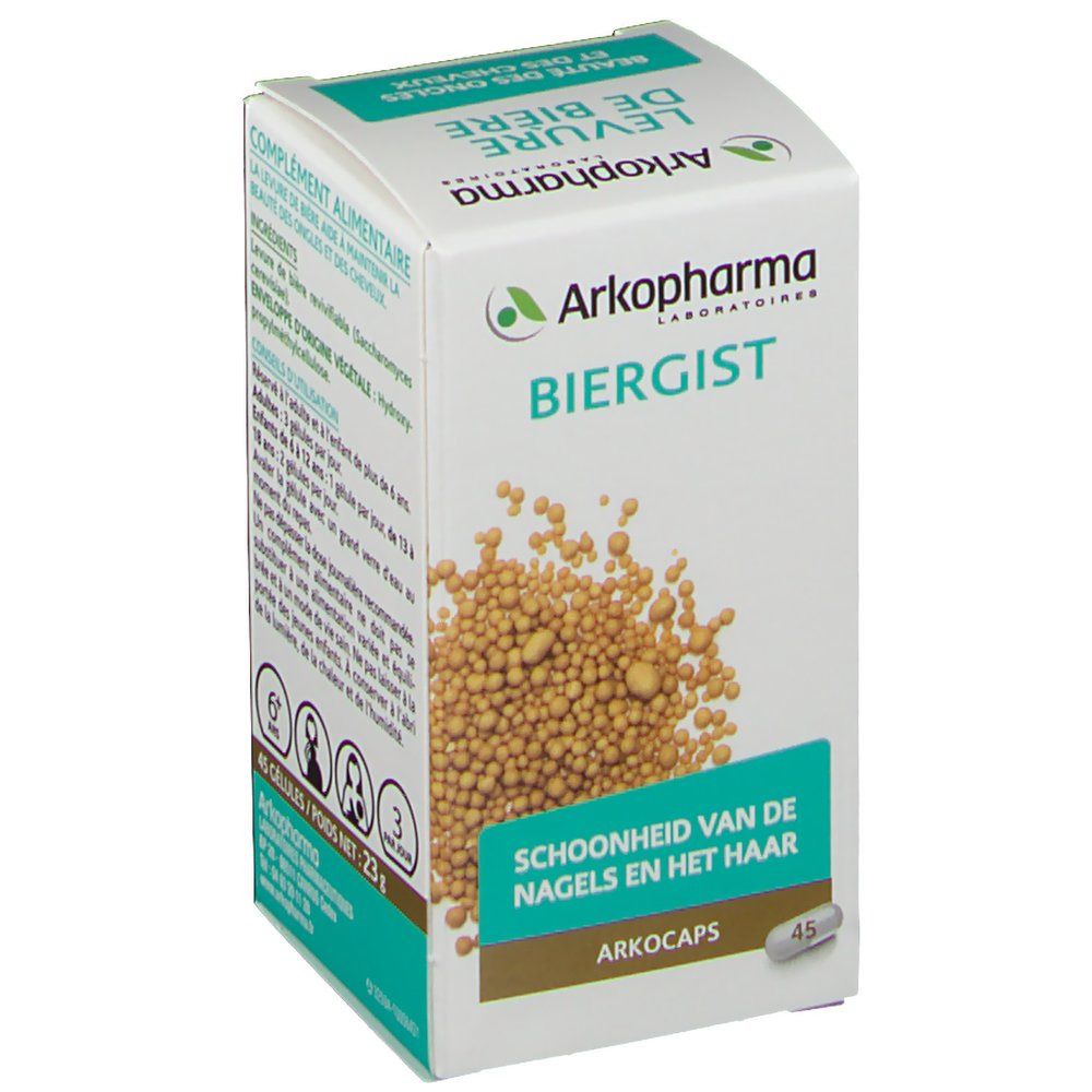 Confezione di Biergist. Scritta: Biergist, Schoonheid van de nagels en het haar. Contiene 45 capsule.