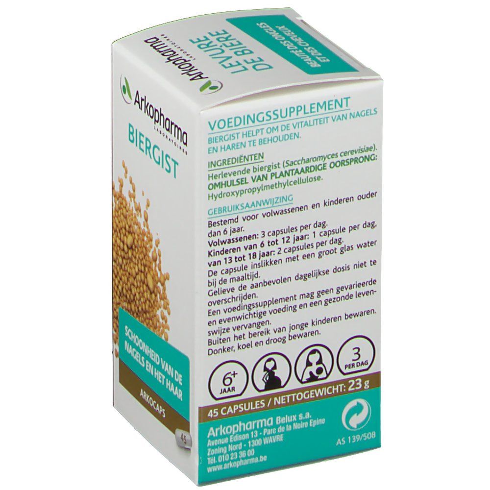 Retro della confezione di Biergist. Informazioni sugli ingredienti e l'uso. 45 capsule, 23g.