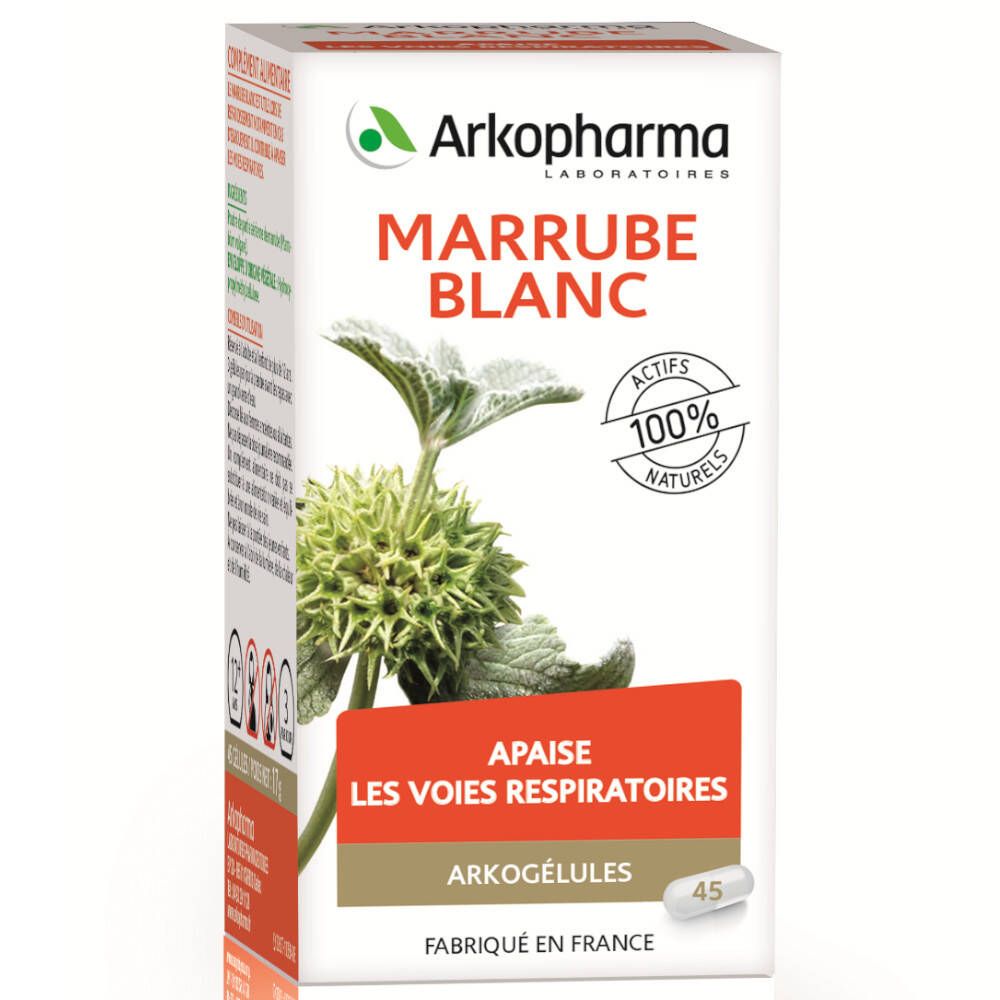 Scatola rettangolare di Marrubio bianco. Scritta: Marrubé Blanc, 100% principi attivi naturali. 45 capsule.