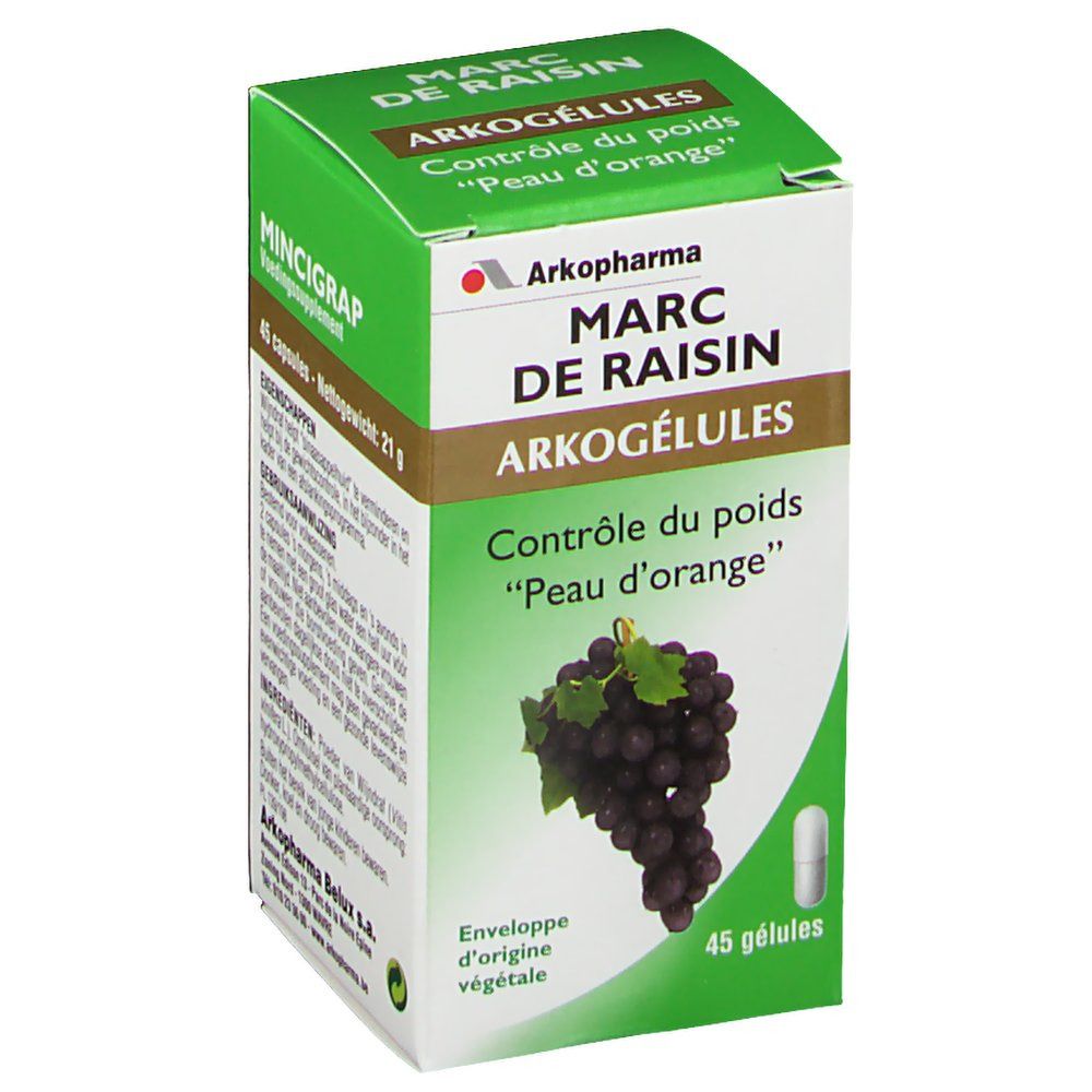 Scatola verde Arkocaps Marc De Raisin. Scritta: Arkopharma, Marc De Raisin Arkogélules, 45 capsule. Illustrazione di grappoli d'uva.