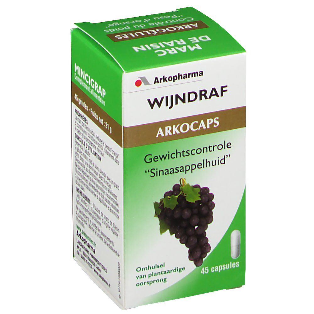 Scatola verde Arkocaps Wijndraf. Scritta: Arkopharma, Wijndraf Arkocaps, 45 capsule. Illustrazione di grappoli d'uva.