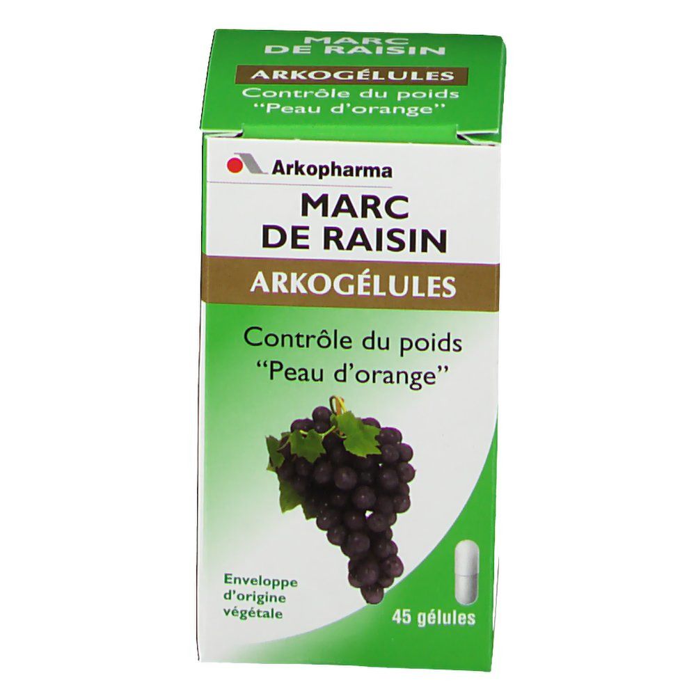 Scatola verde Arkocaps Marc De Raisin. Scritta: Arkopharma, Marc De Raisin Arkogélules, 45 capsule. Illustrazione di grappoli d'uva.