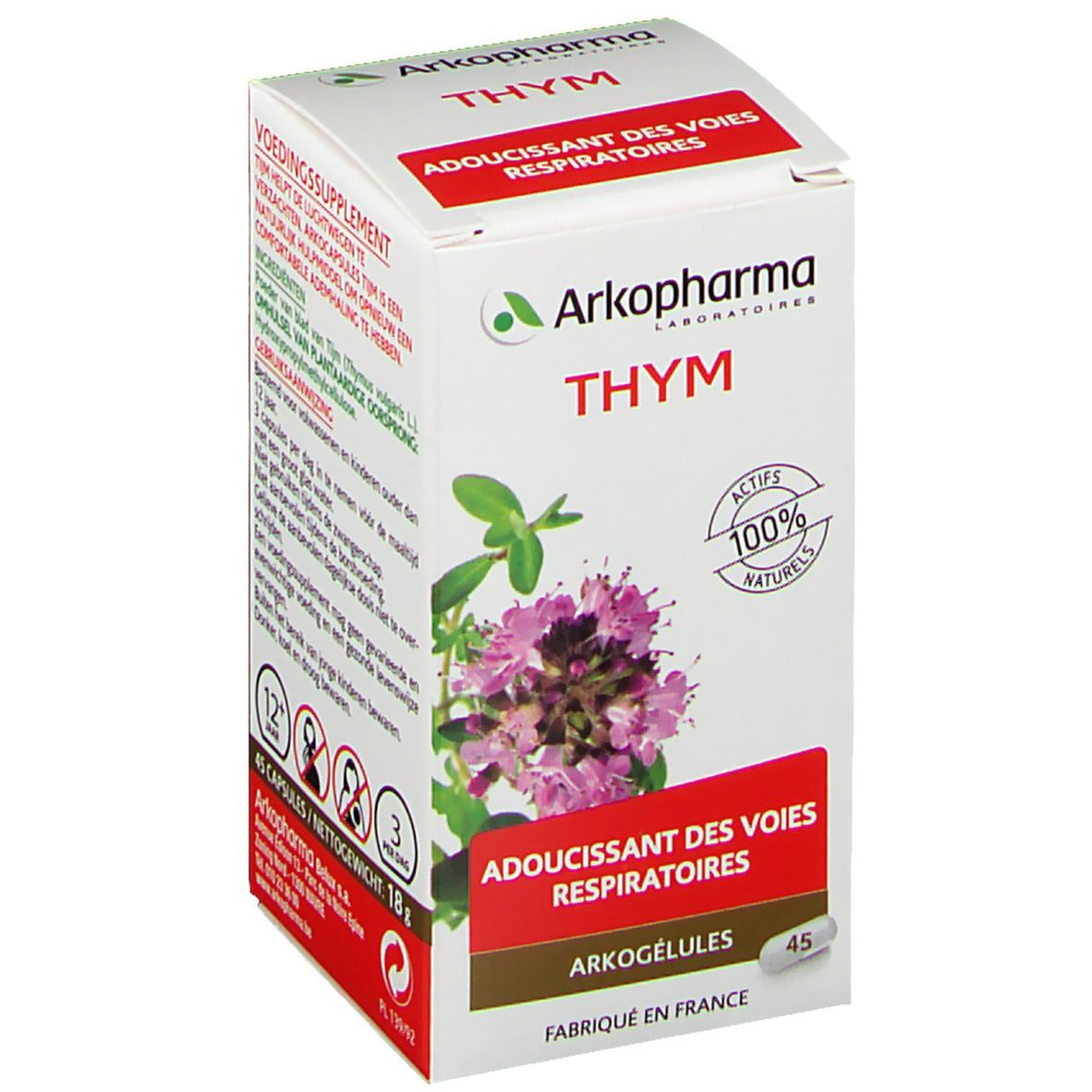 Scatola bianca Arkopharma Thym. Scritta: Thym, 100% principi attivi naturali, 45 capsule. Illustrazione di una pianta.