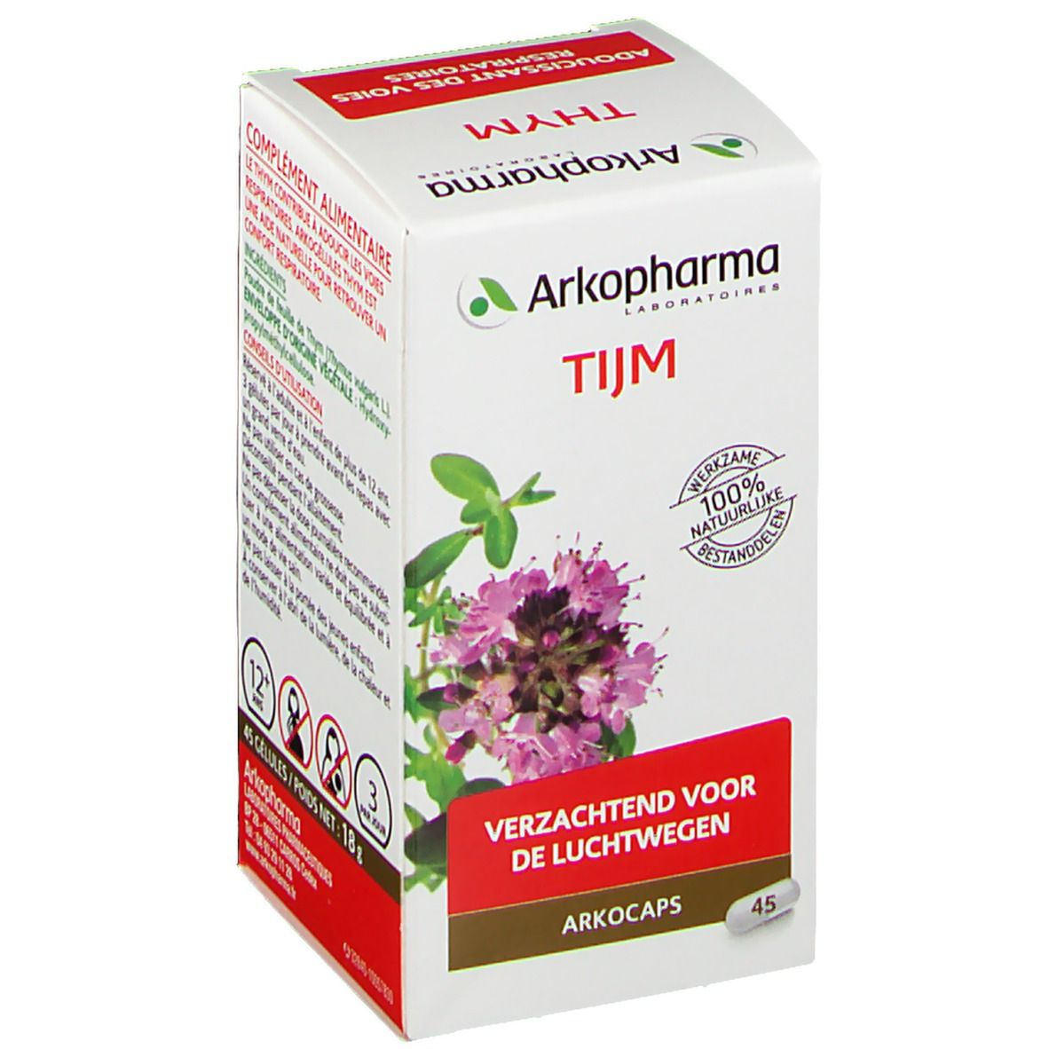 Scatola bianca Arkocaps Tijm. Scritta: Tijm, 100% principi attivi naturali, 45 capsule. Illustrazione di una pianta.