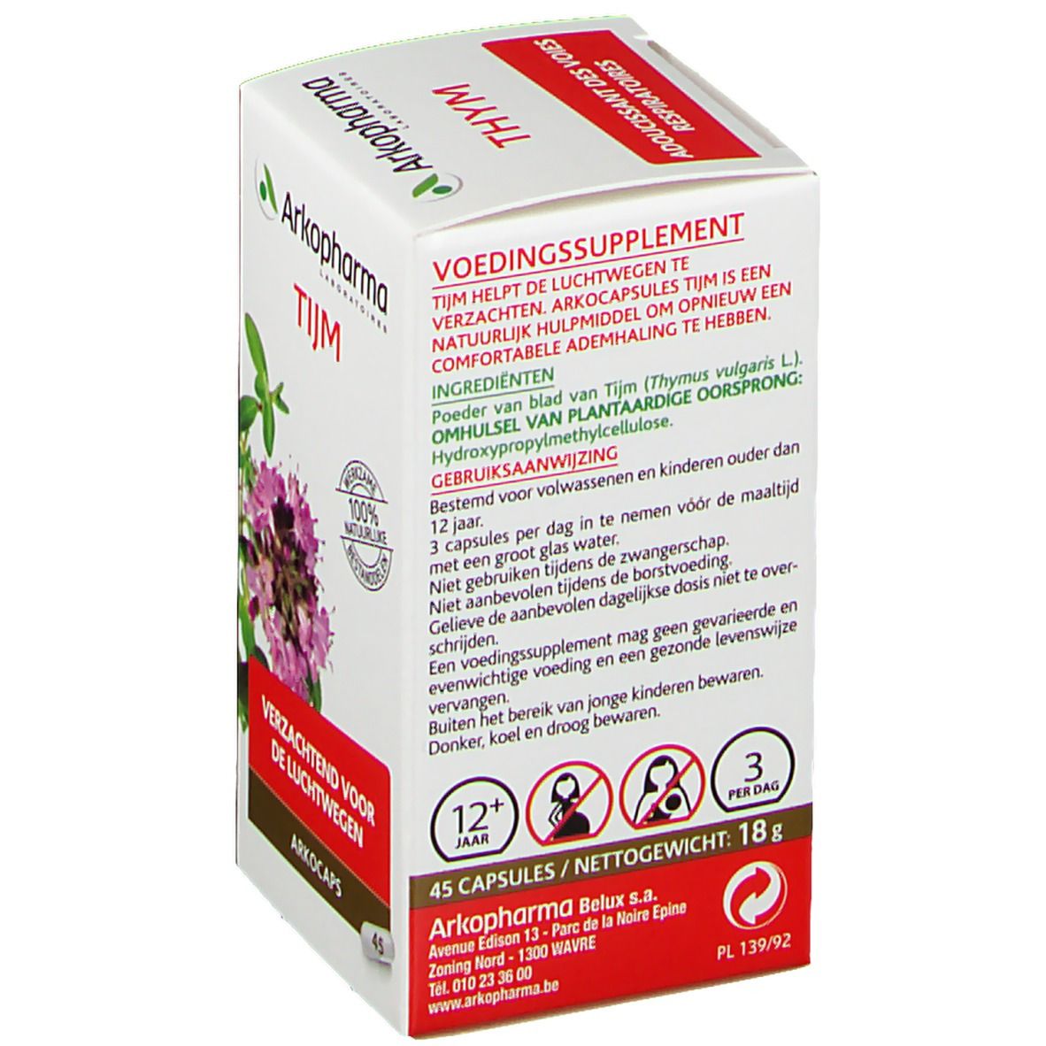Retro della scatola bianca Arkocaps Tijm. Testo in olandese. 45 capsule, 18g. Avvertenze e dosaggio.