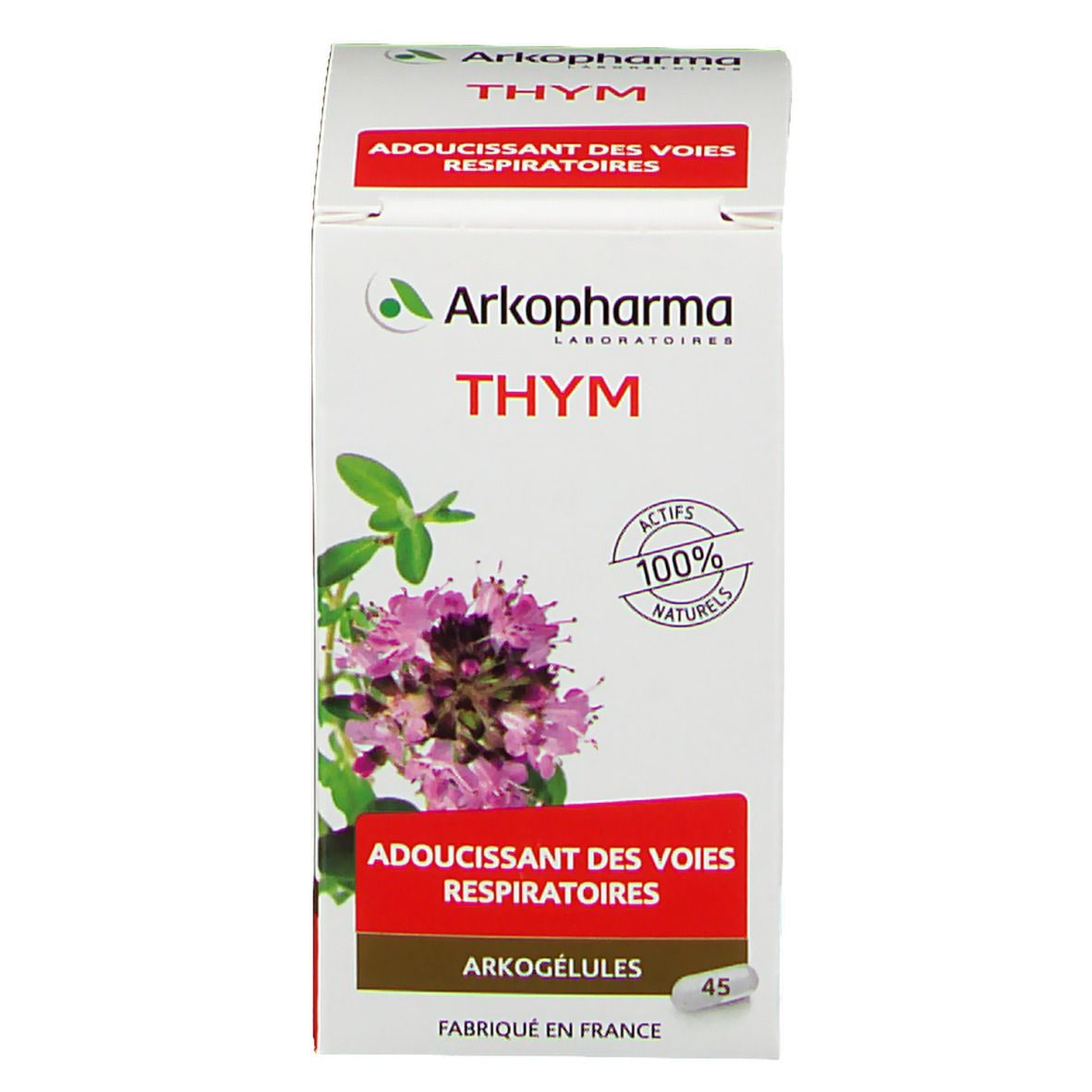 Scatola bianca Arkopharma Thym. Scritta: Thym, 100% principi attivi naturali, 45 capsule. Illustrazione di una pianta.