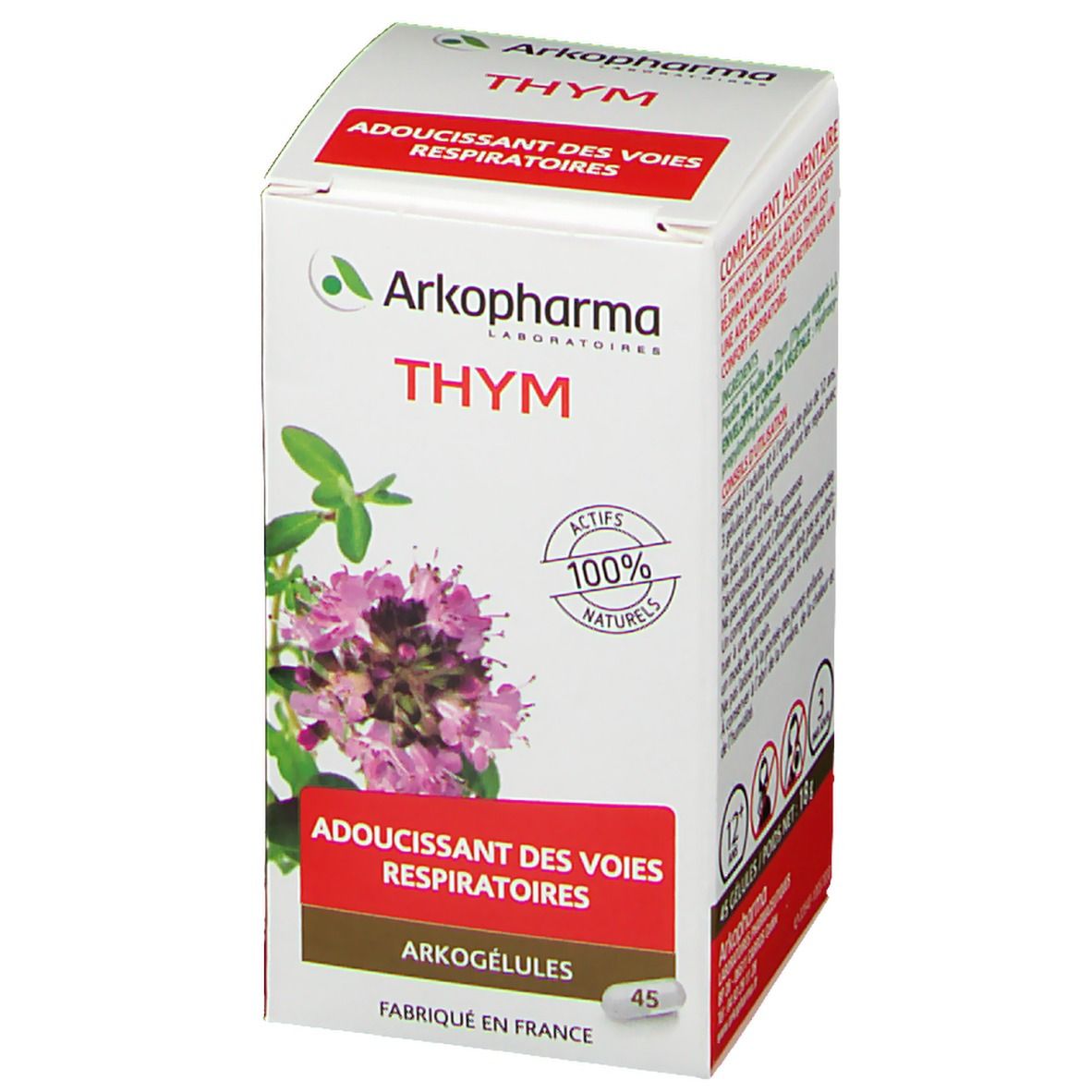 Scatola bianca Arkopharma Thym. Scritta: Thym, 100% principi attivi naturali, 45 capsule. Illustrazione di una pianta.