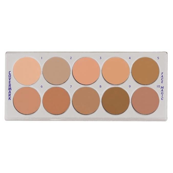 Covermark Face Magic, palette con 10 tonalità. Tonalità rotonde, chiare e scure, in una palette rettangolare argentata.