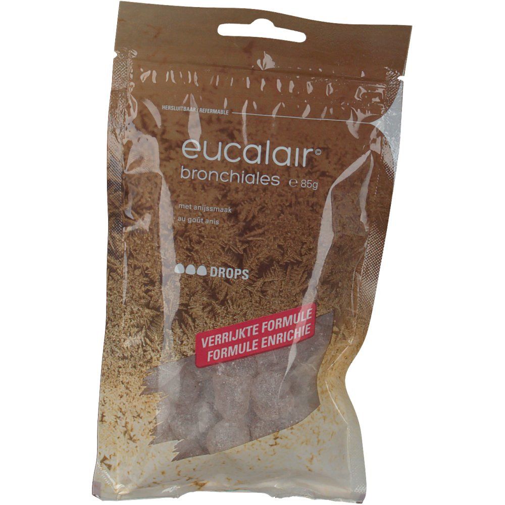 Busta di gocce Eucalair Bronchiales. Confezione trasparente, sfondo marrone, nome del prodotto e testo.