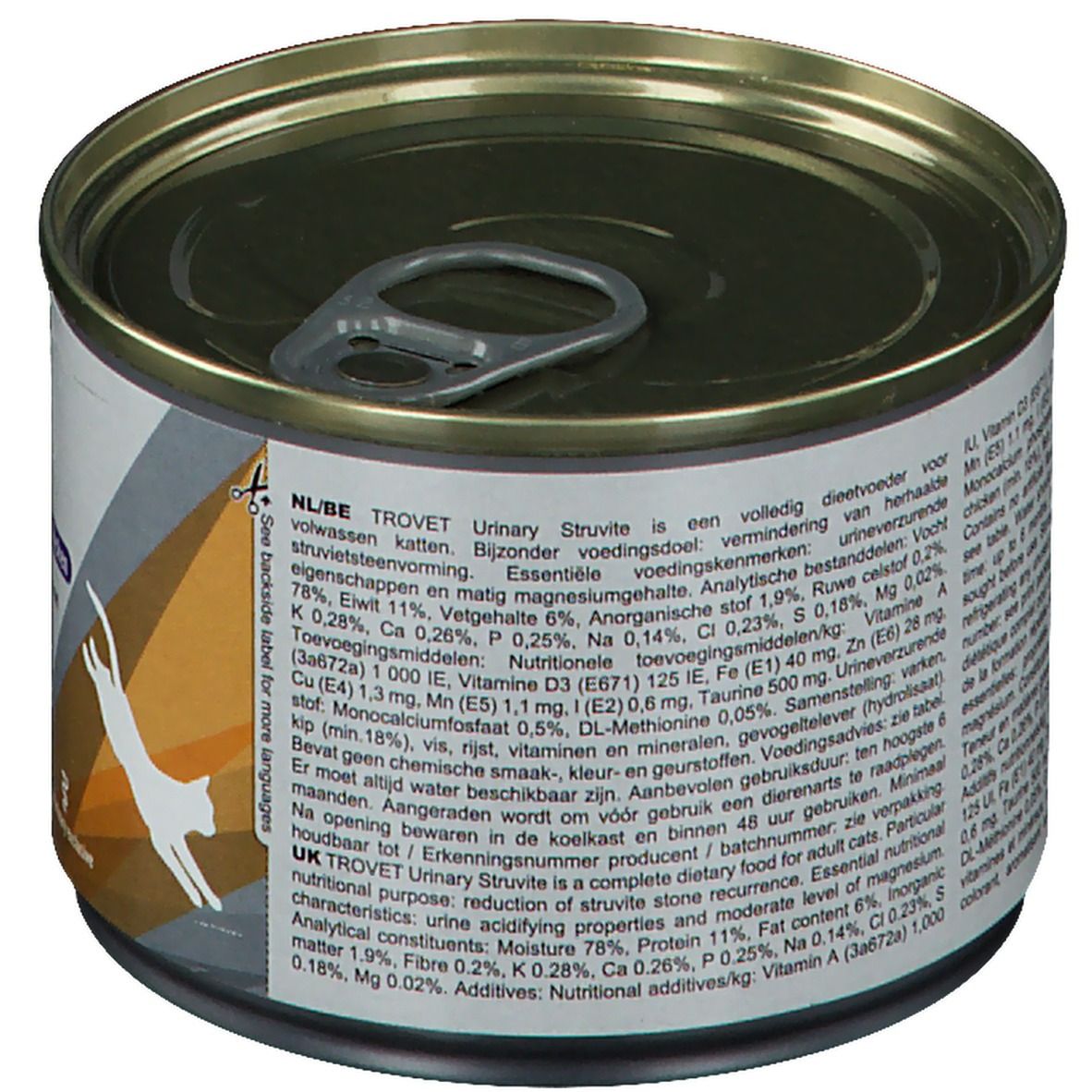 Lattina con testo. Scritta 'Urinary Struvite'. Etichetta con ingredienti e valori nutrizionali.