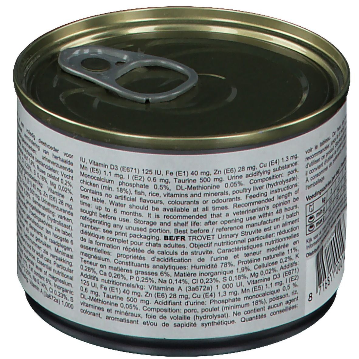 Lattina con testo. Etichetta con ingredienti e valori nutrizionali. Retro con testo.