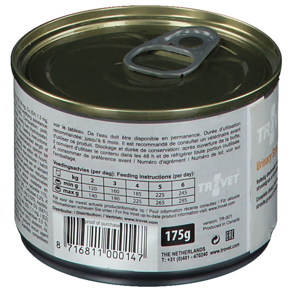 Lattina con testo. Scritta '175g'. Etichetta con testo e logo. Retro con testo e codice a barre.