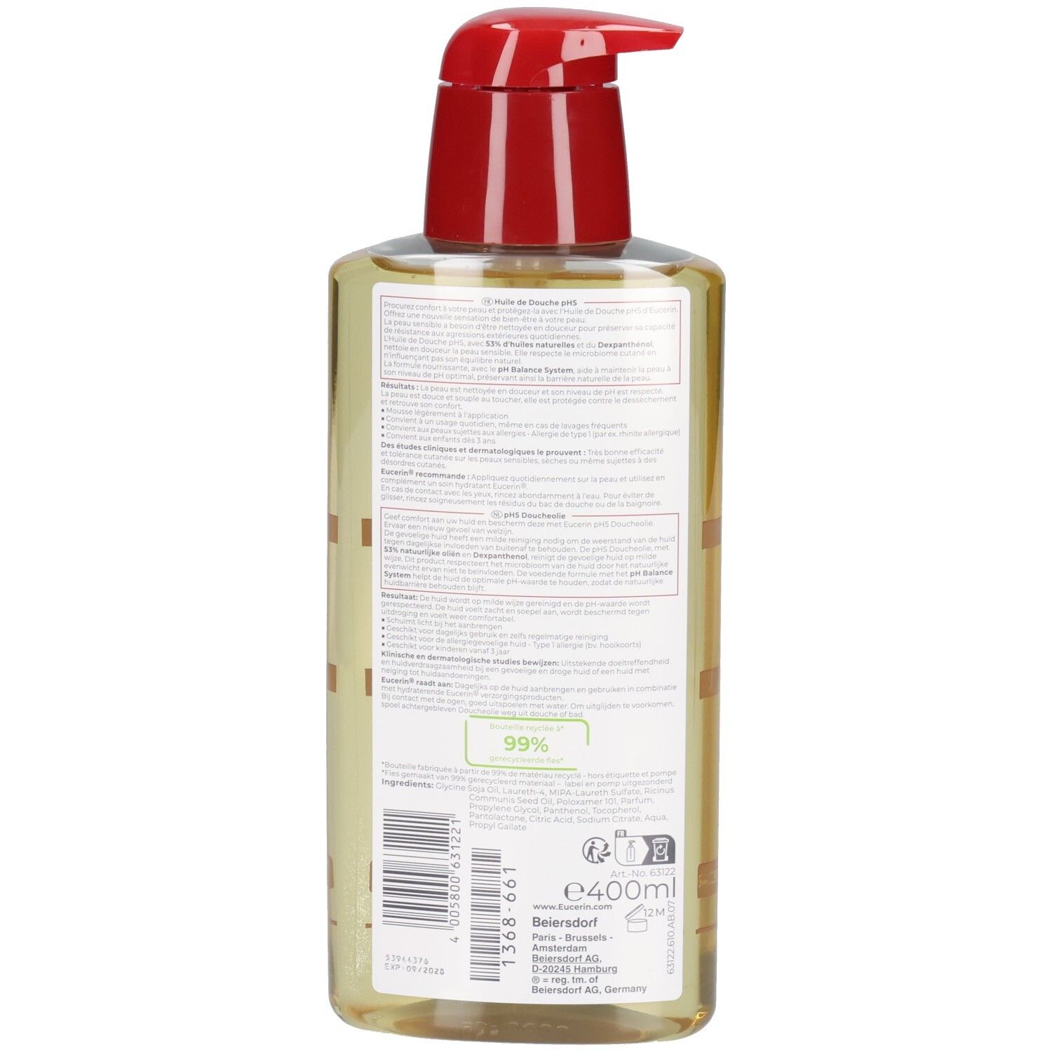 Retro del flacone di olio doccia Eucerin pH5. Testo in più lingue. Ingredienti e informazioni.
