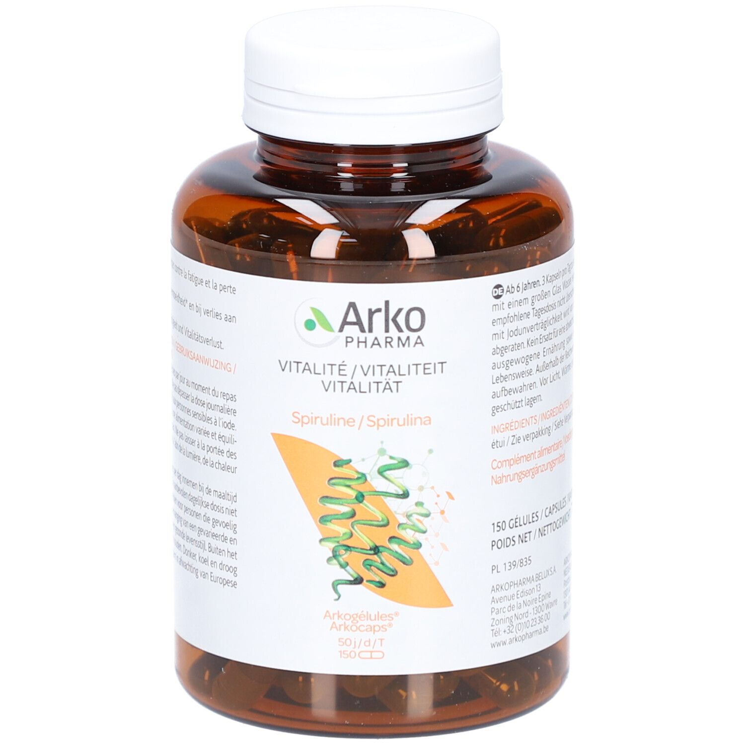 Flacone marrone con tappo bianco. Etichetta con informazioni sul prodotto e grafica spirulina. ArkoPharma Spiruline.