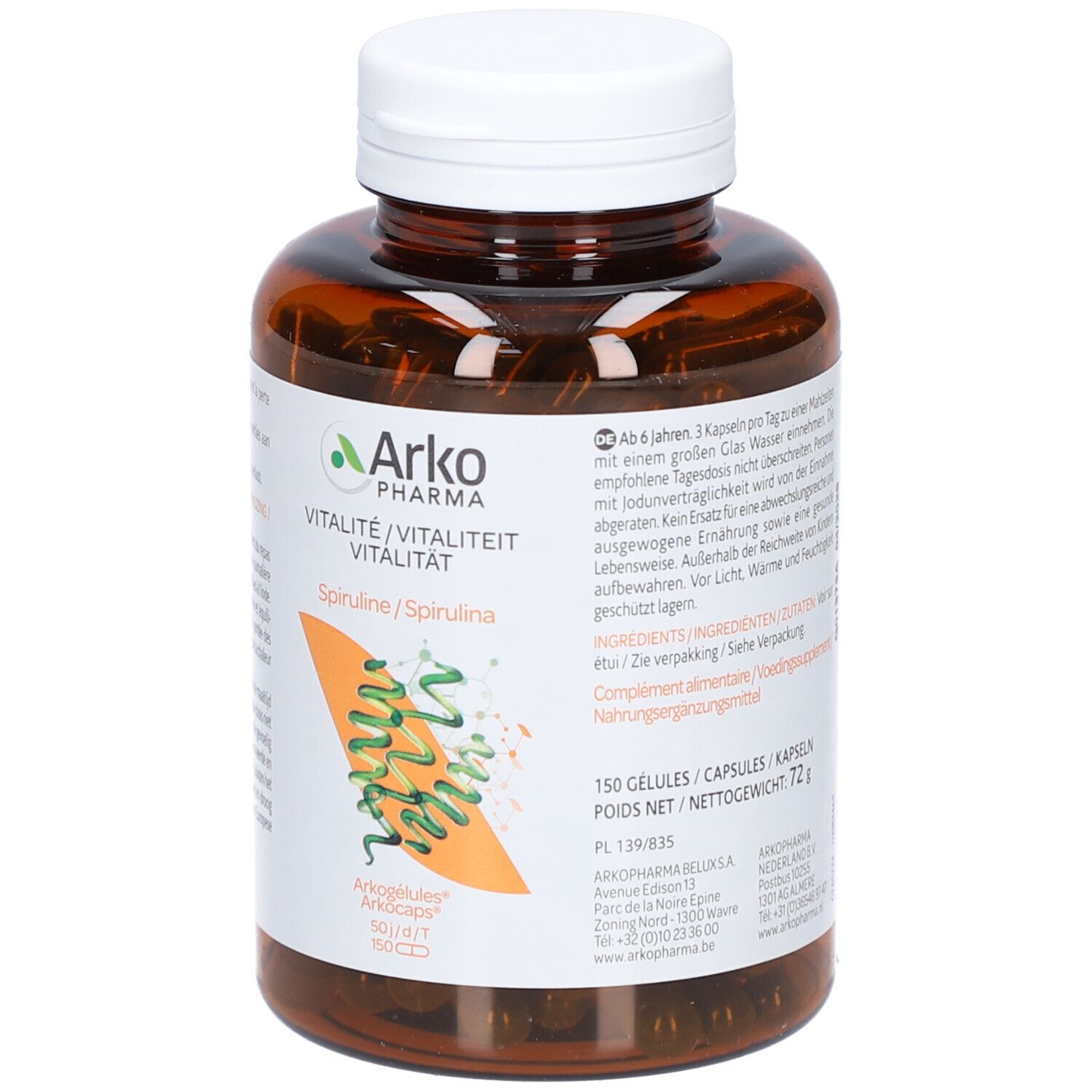 Flacone marrone con tappo bianco. Etichetta con informazioni sul prodotto e grafica spirulina. ArkoPharma Spiruline.