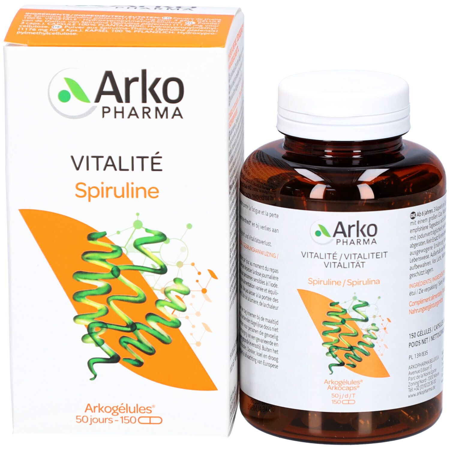 Flacone e confezione del prodotto. Flacone con tappo bianco. Confezione con nome del prodotto e grafica spirulina. ArkoPharma Spiruline.