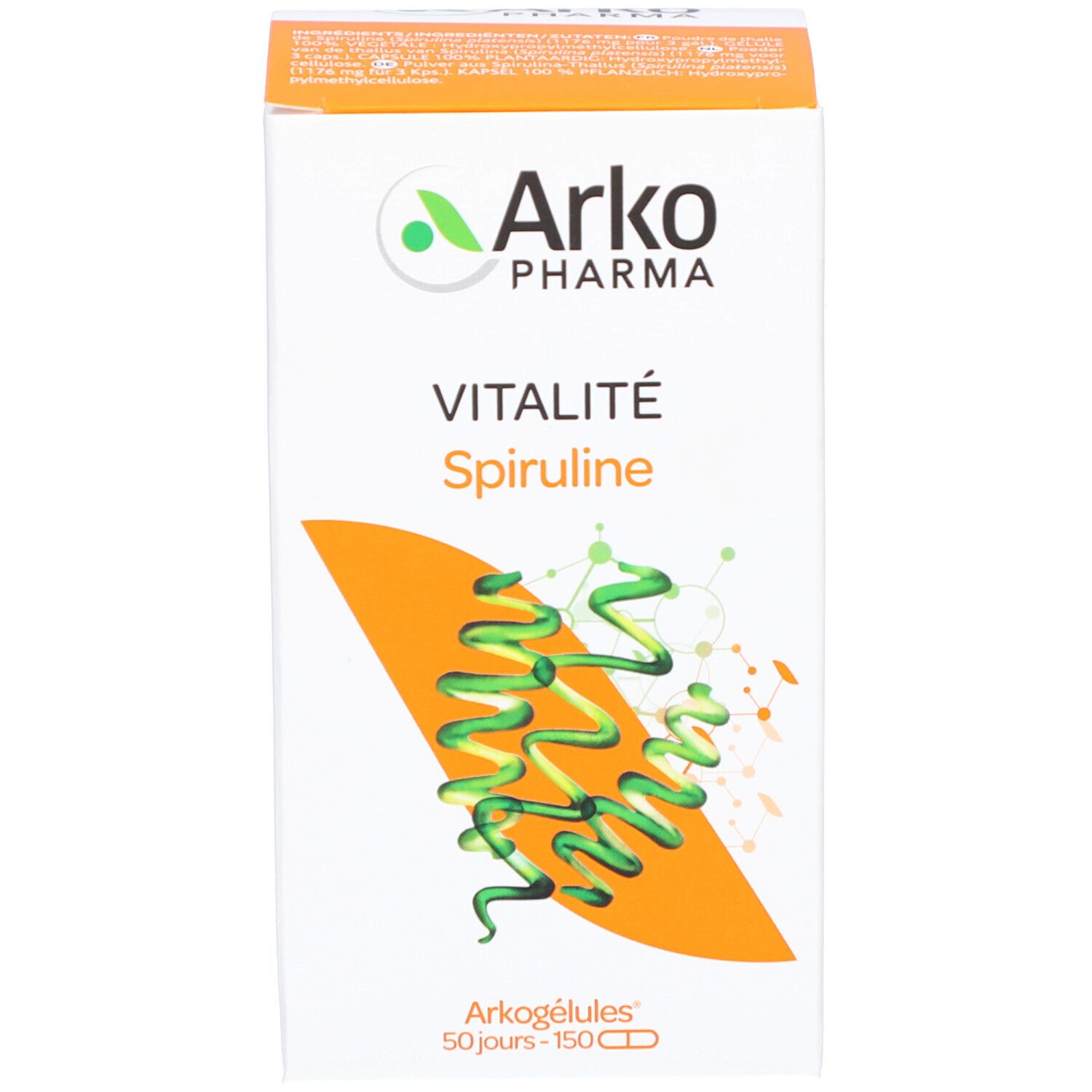 Confezione con nome del prodotto e grafica spirulina. ArkoPharma Spiruline.