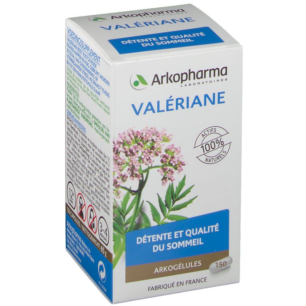 Scatola di Arkogelules Valeriane. Scritto: Valeriane, Détente et qualité du sommeil, 150 capsule. Ingredienti 100% naturali.