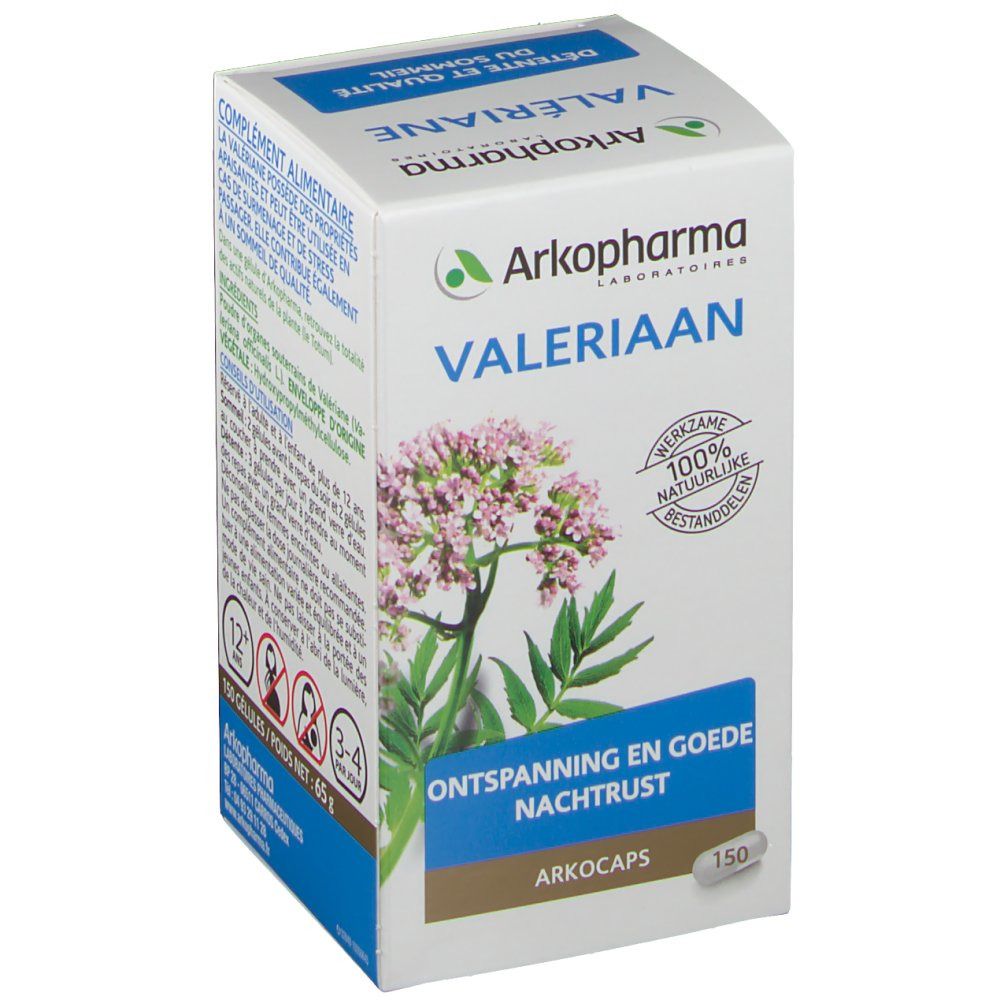 Scatola di Valeriaan Arkocaps. Scritto: Valeriaan, Ontspanning en goede nachtrust, 150 capsule. Ingredienti 100% naturali.