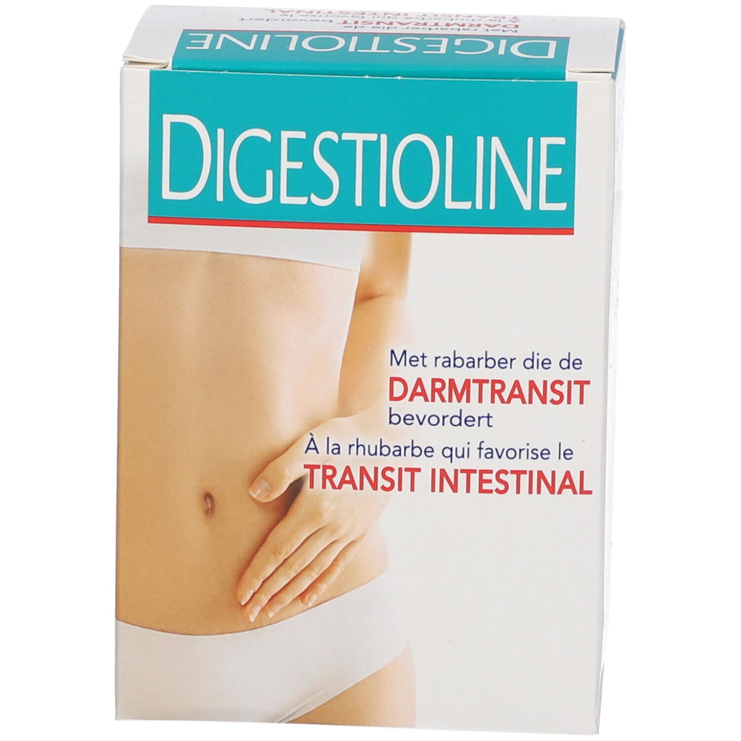 Scatola "Digestioline". Testo: "Met raberber die Darmtransit bevordert". Illustrazione di un addome.