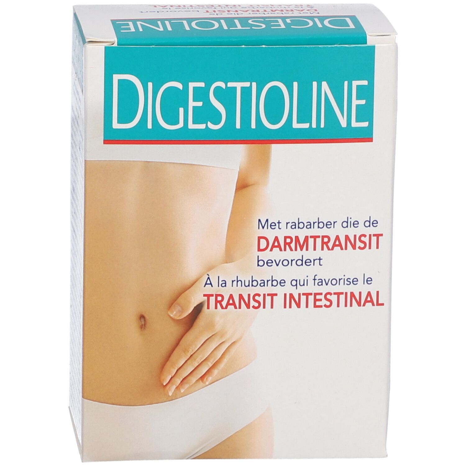 Scatola "Digestioline". Testo: "Met raberber die Darmtransit bevordert". Illustrazione di un addome.