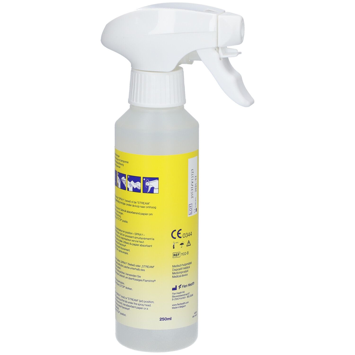 Flacone con spruzzatore. Scritta Flamirins, Detergente per ferite, Wound cleanser.