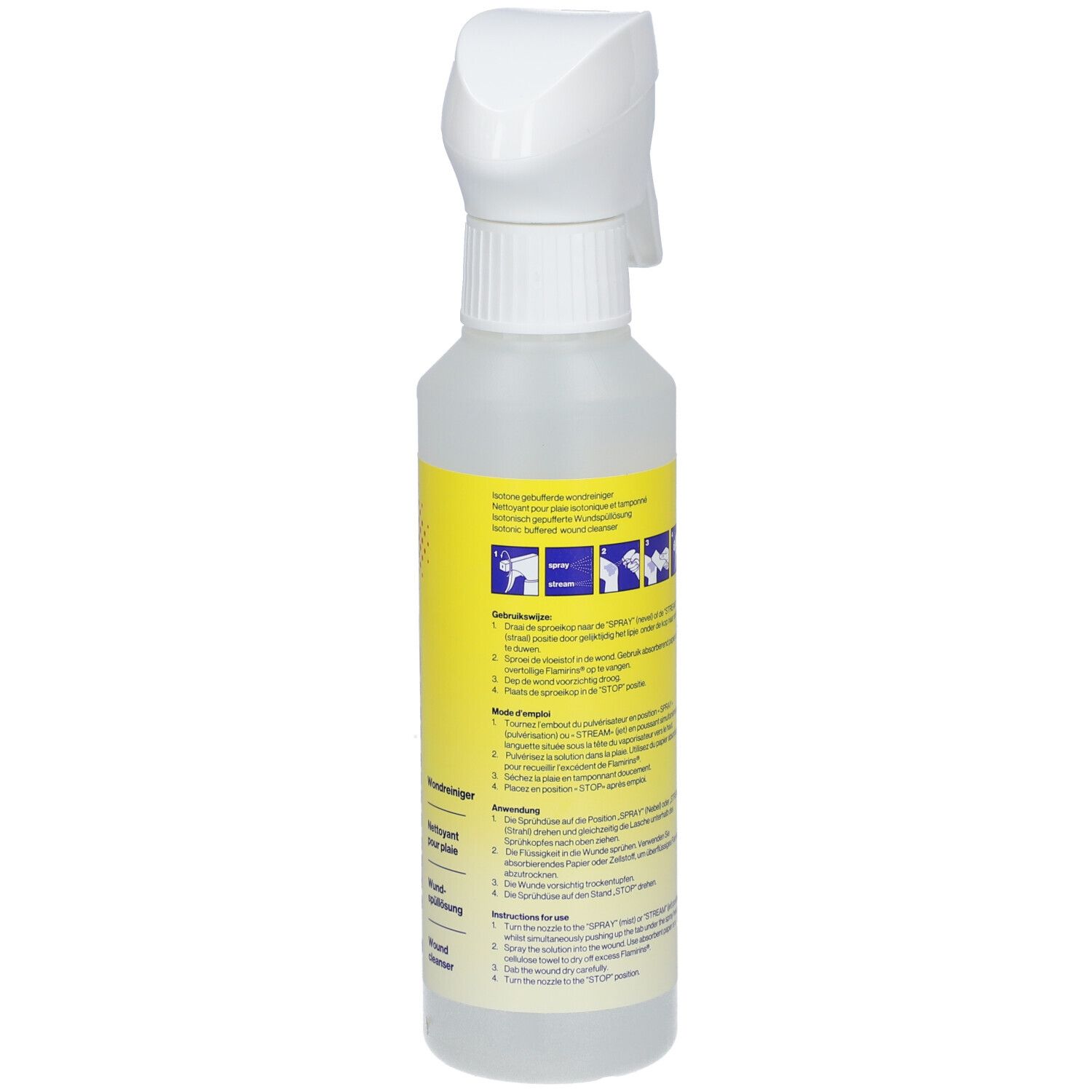 Flacone con spruzzatore. Scritta Flamirins, Detergente per ferite, Wound cleanser.
