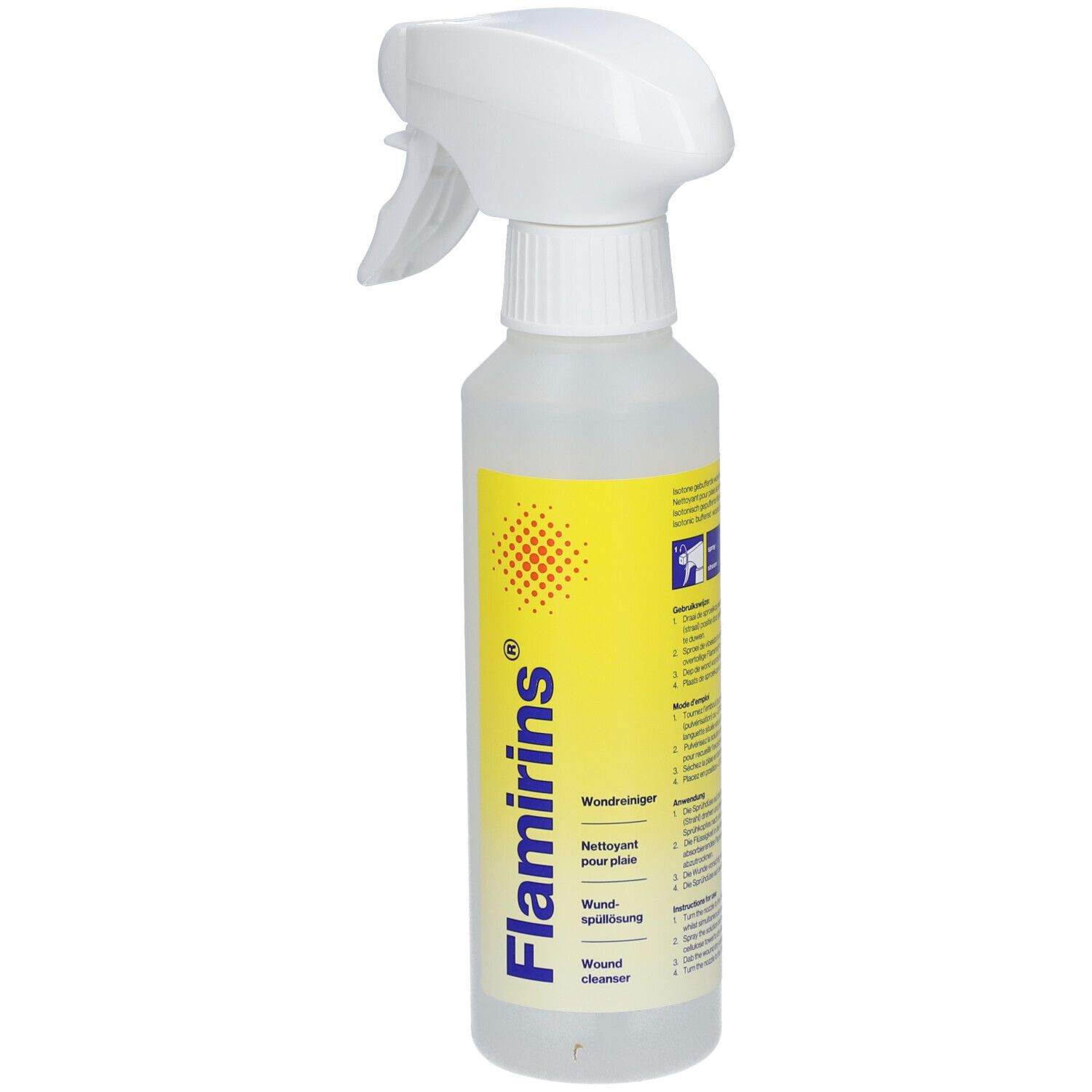 Flacone con spruzzatore. Scritta Flamirins, Detergente per ferite, Wound cleanser.