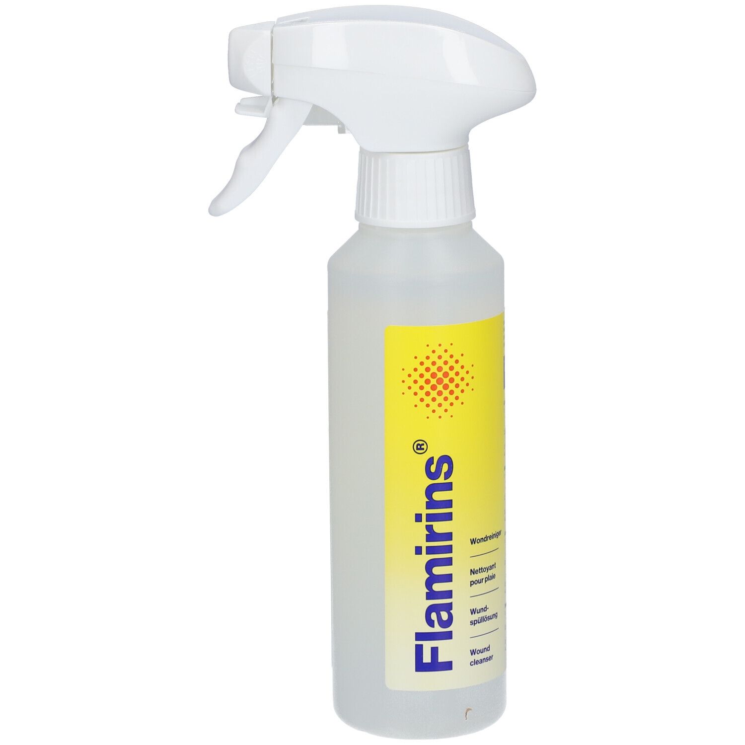 Flacone con spruzzatore. Scritta Flamirins, Detergente per ferite, Wound cleanser.