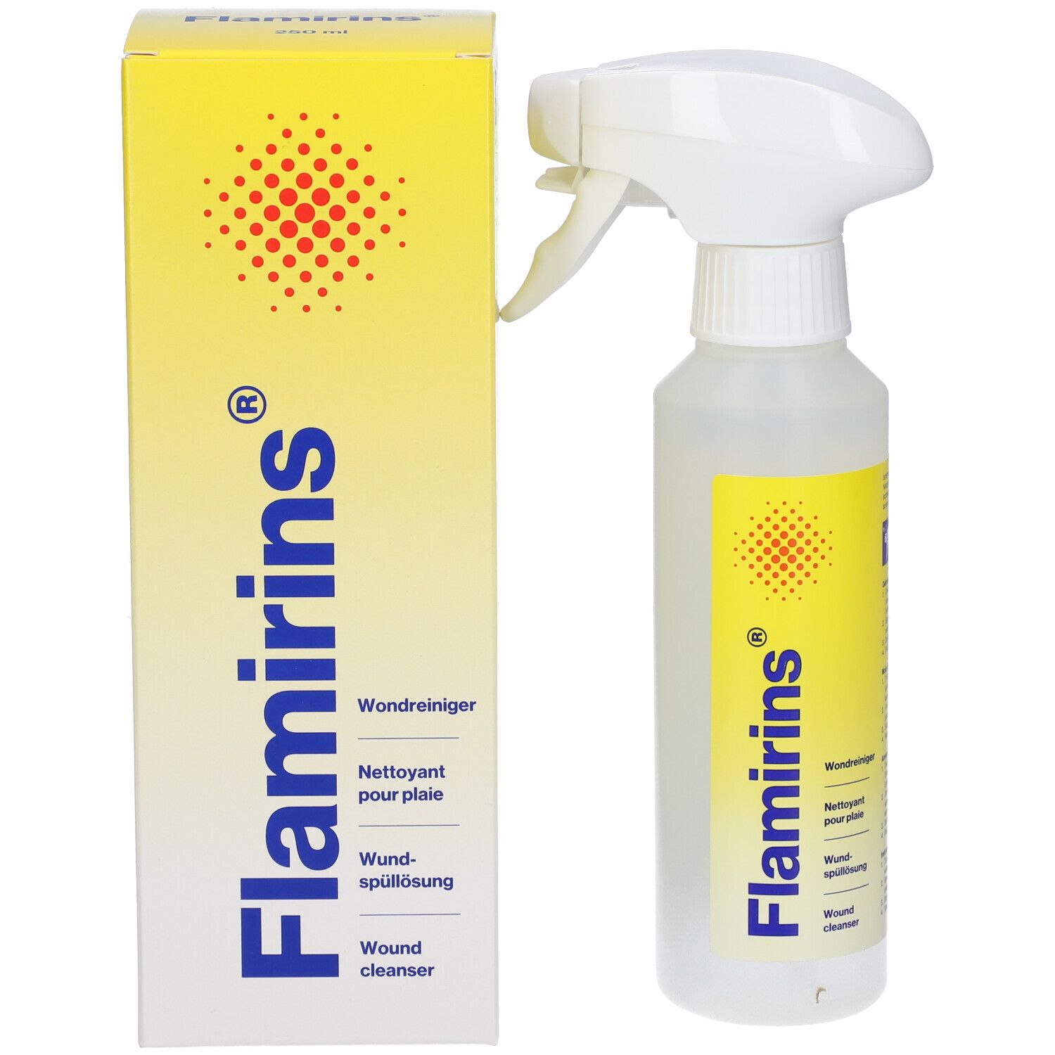 Flacone con spruzzatore e scatola. Scritta Flamirins, Detergente per ferite, Wound cleanser.
