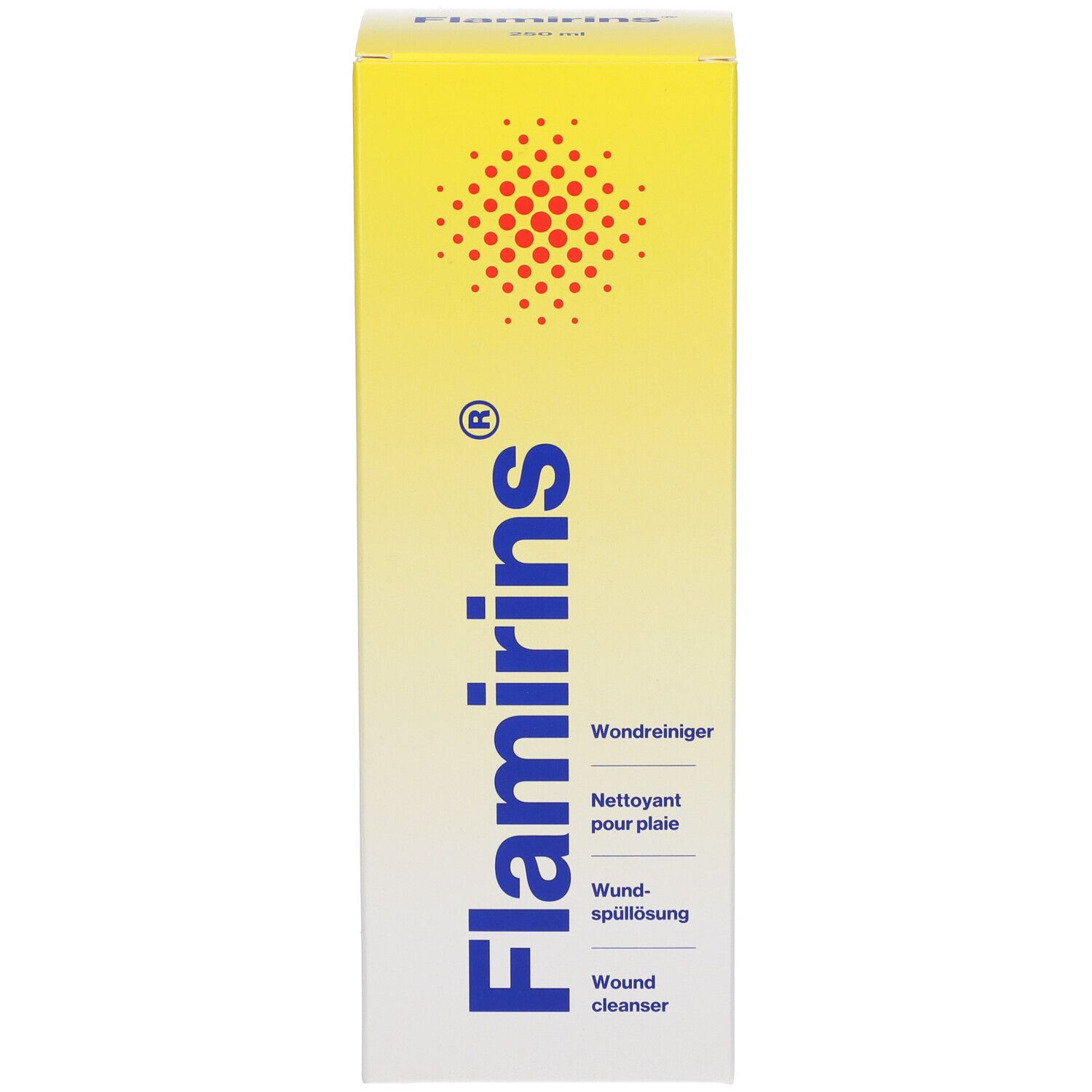 Scatola con scritta Flamirins, Detergente per ferite, Wound cleanser.