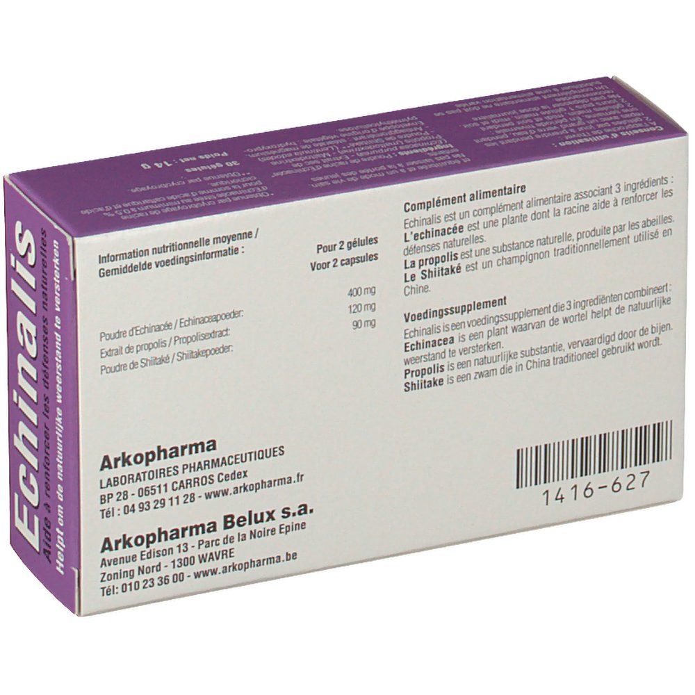 Retro della scatola "Echinalis". Informazioni sugli ingredienti e il produttore.