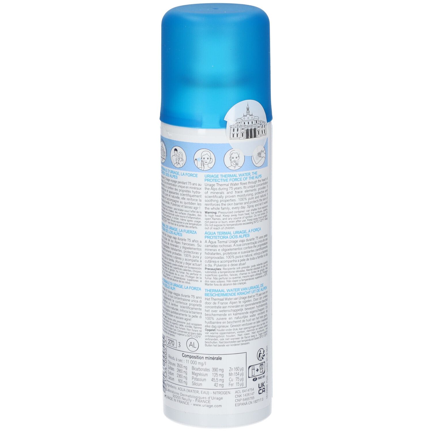 Retro del flacone spray Uriage Eau Thermale. Testo e loghi. Sviluppato con dermatologi.