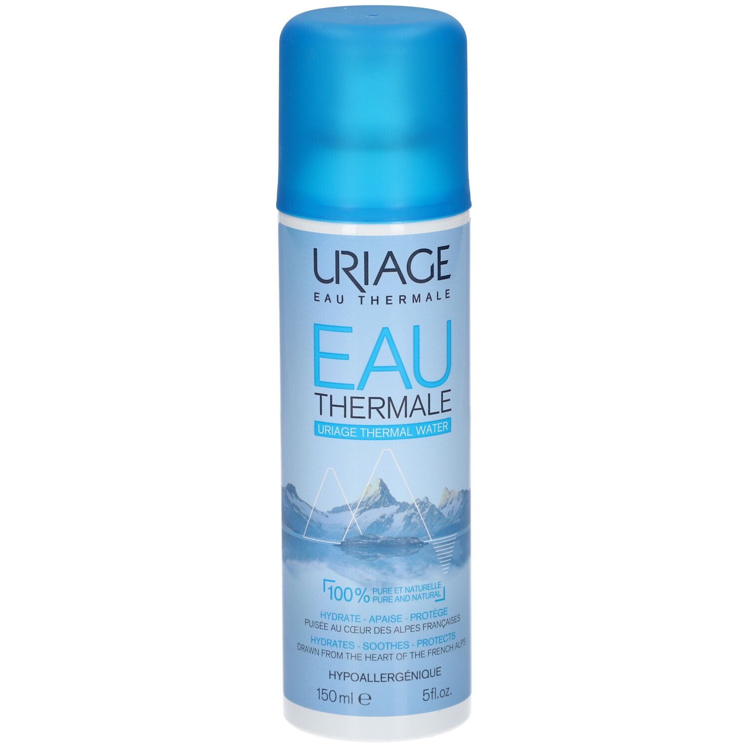 Paesaggio con montagne e lago. Loghi e testo. Raccomandato dai dermatologi. Adatto a tutti i tipi di pelle.