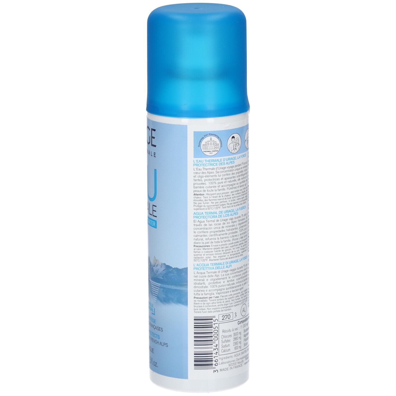 Spray Uriage Eau Thermale. Flacone blu con getto d'acqua. Nome e logo del prodotto visibili.